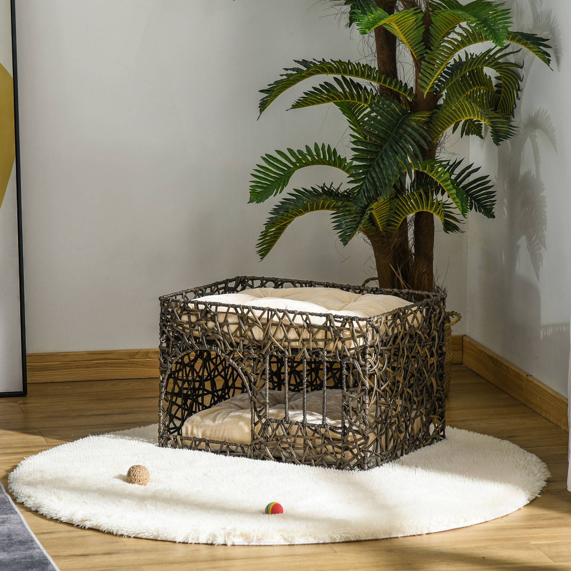 Panier pour chat en rotin à 2 niveaux, niche avec 2 coussins moelleux et fenêtre, 56 x 41 x 45 cm, couleur café foncé - Image 3