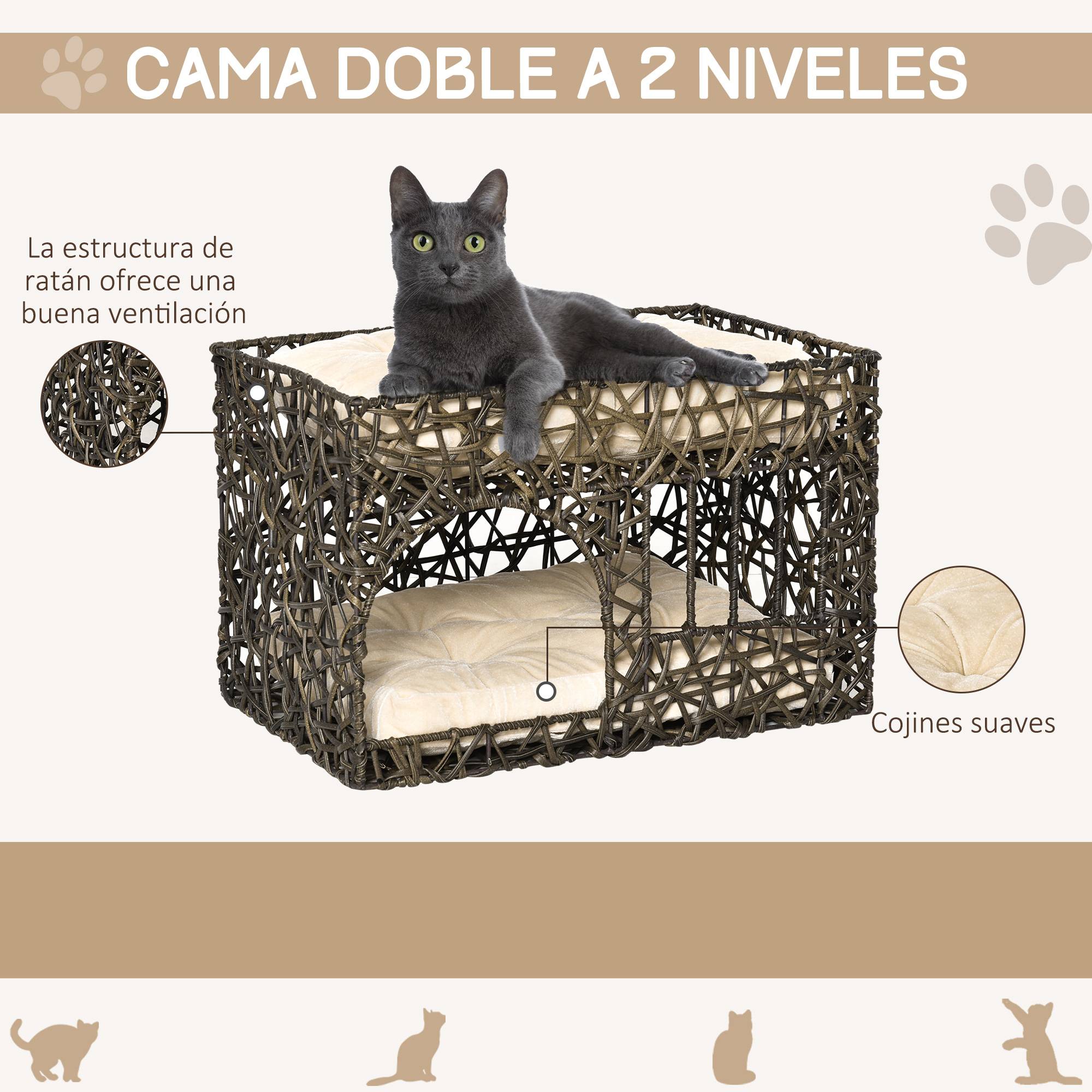 Panier pour chat en rotin à 2 niveaux, niche avec 2 coussins moelleux et fenêtre, 56 x 41 x 45 cm, couleur café foncé - Image 5