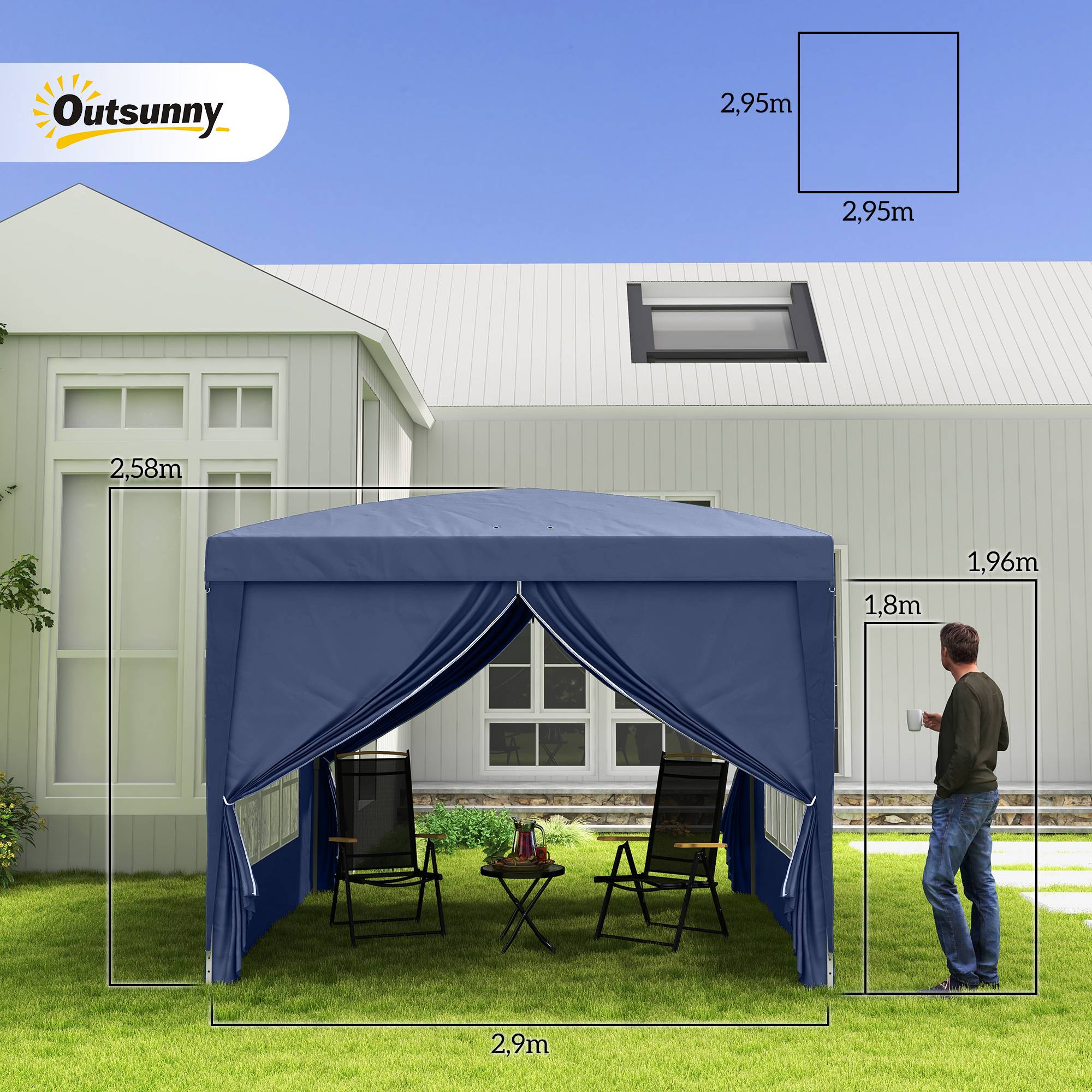 Sans Marque - Tonnelle pliante avec 4 parois amovibles, 3 x 3 m, avec sac de transport, imperméable et anti-UV, bleue. - Image 5