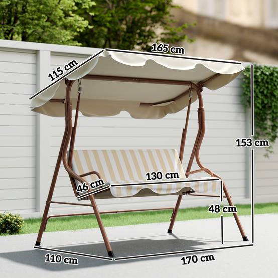 Outsunny - Balancelle de jardin 3 places coussins assise dossier beige blanc rayé - Outsunny - Image 3