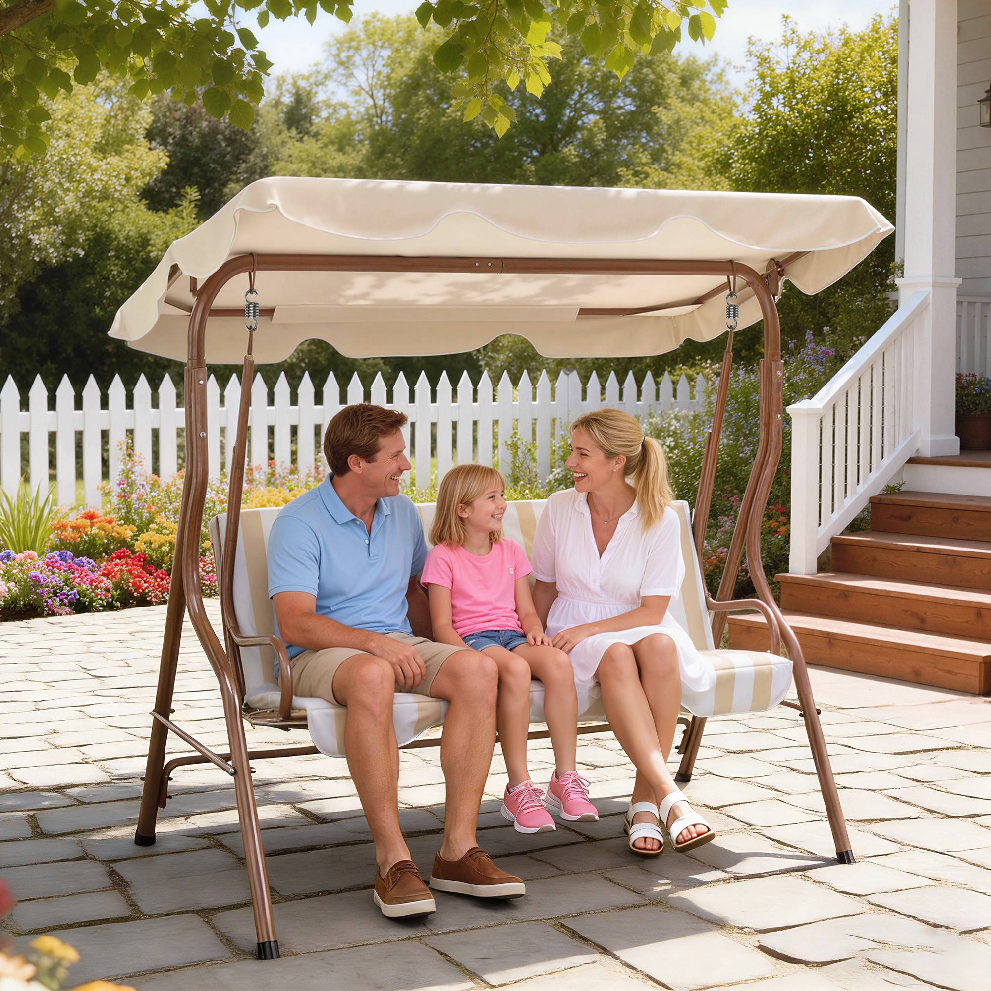 Outsunny - Balancelle de jardin 3 places coussins assise dossier beige blanc rayé - Outsunny - Image 6