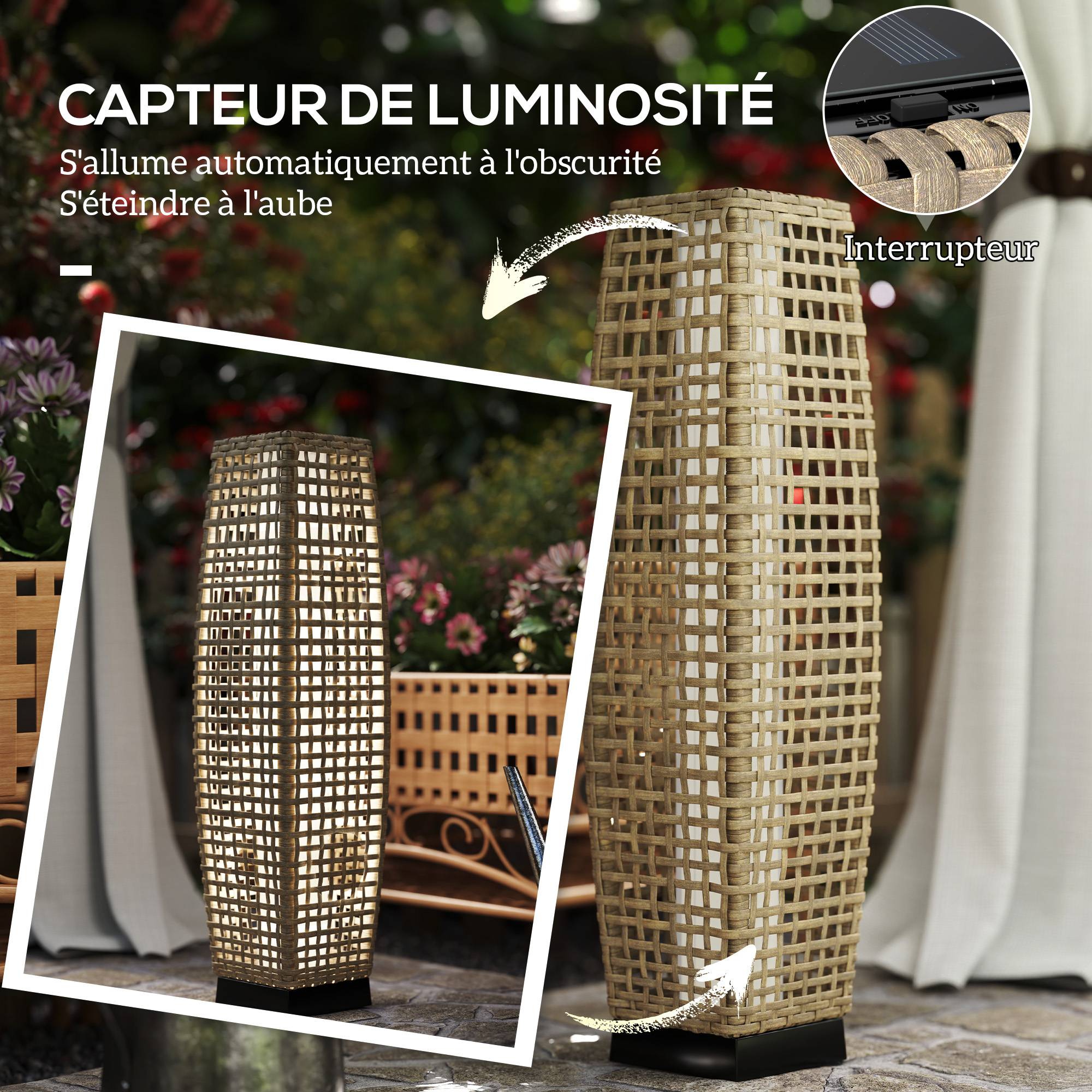 Outsunny - Lampe solaire LED à poser jardin 21x21x78 cm résine tressée imitation rotin naturel - Outsunny - Image 6