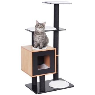 Sans Marque - Arbre à chats noir/hêtre,"Griffoirs sisal, niche, plateformes, boules suspendues, MDF, 71.5x49.5x120cm, noir/hêtre"