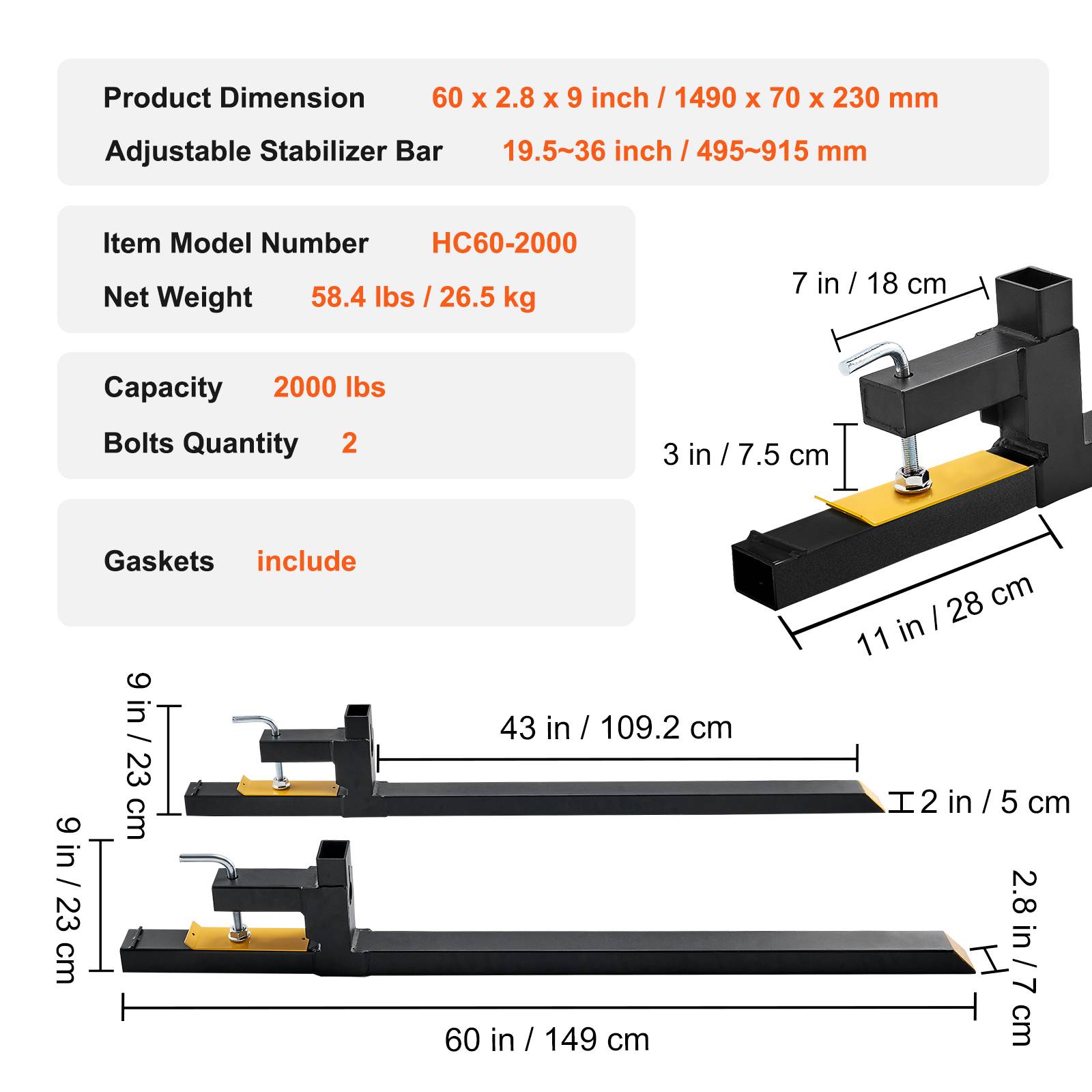 VEVOR Pinces fourches palette 1490x70x230 mm, charge 907 kg, lame 109 cm. Pour chargeur tracteur. - Image 7