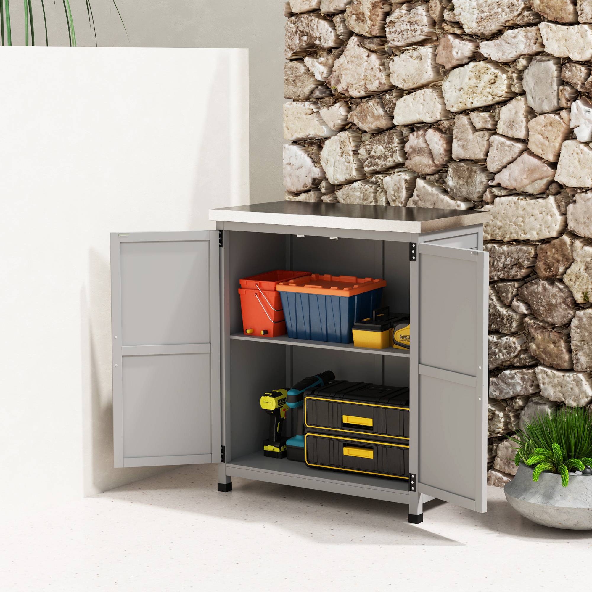 Armoire extérieure avec plan de travail, bois massif et acier, 79l x 43p x 92h cm, gris - Image 10