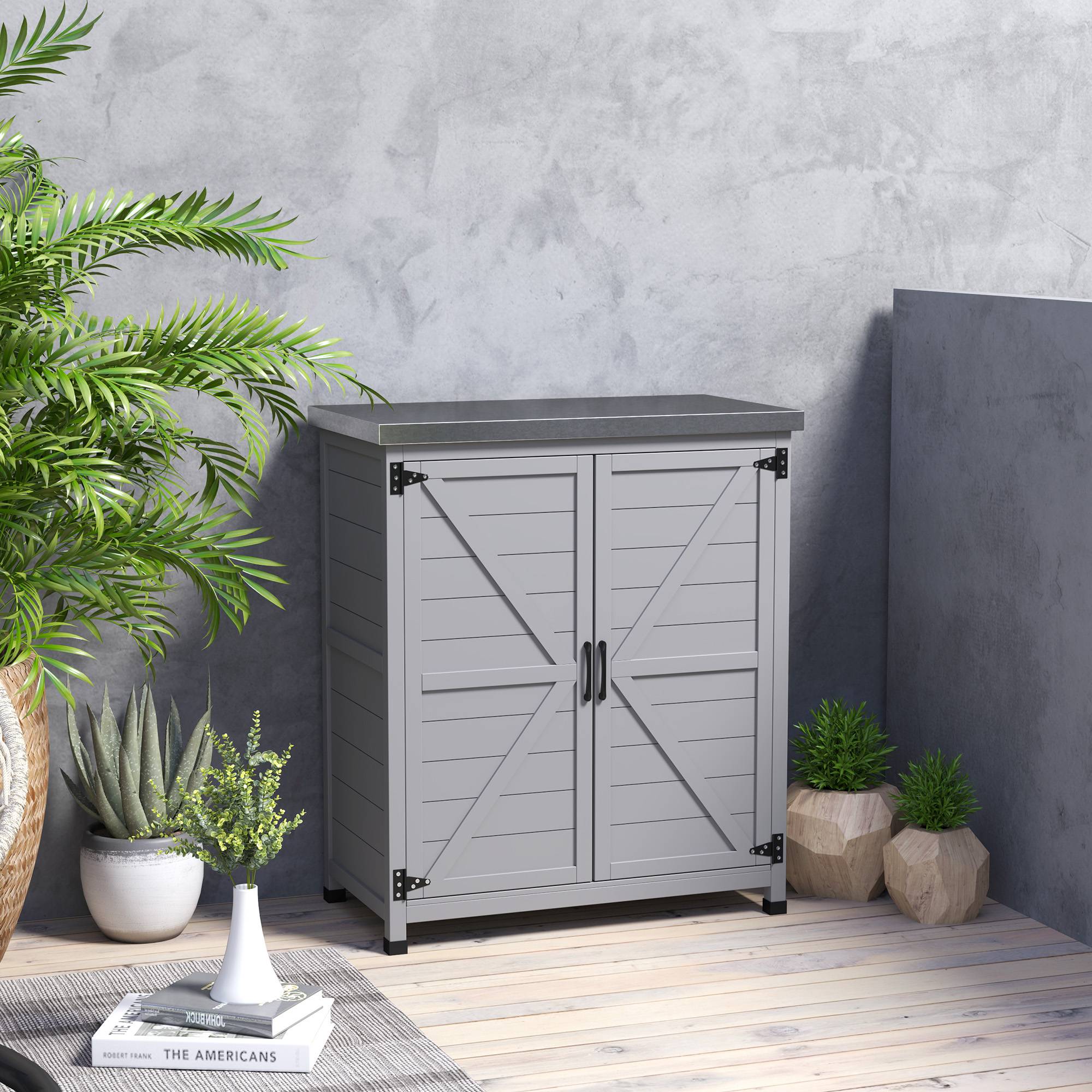 Armoire extérieure avec plan de travail, bois massif et acier, 79l x 43p x 92h cm, gris - Image 4