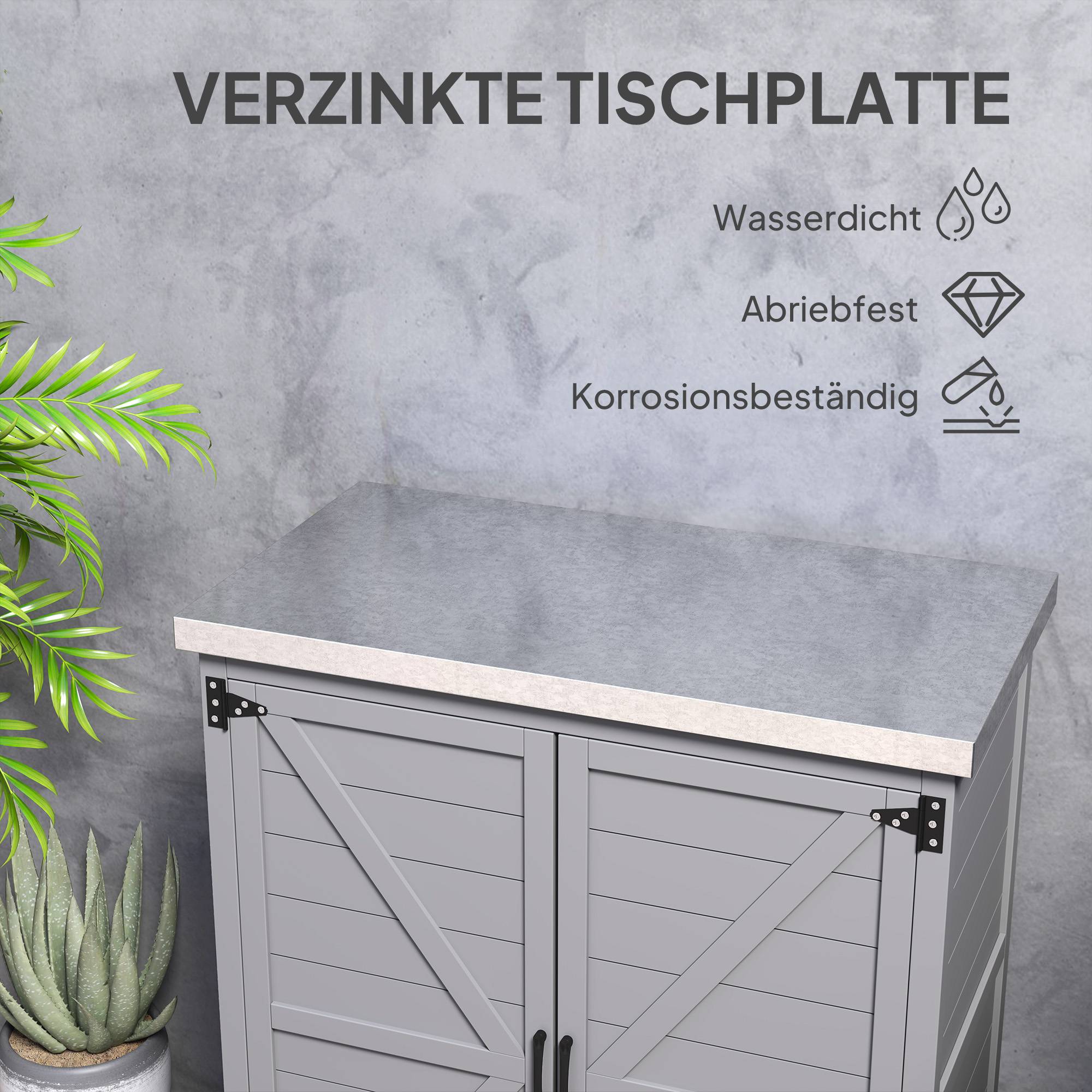 Armoire extérieure avec plan de travail, bois massif et acier, 79l x 43p x 92h cm, gris - Image 7