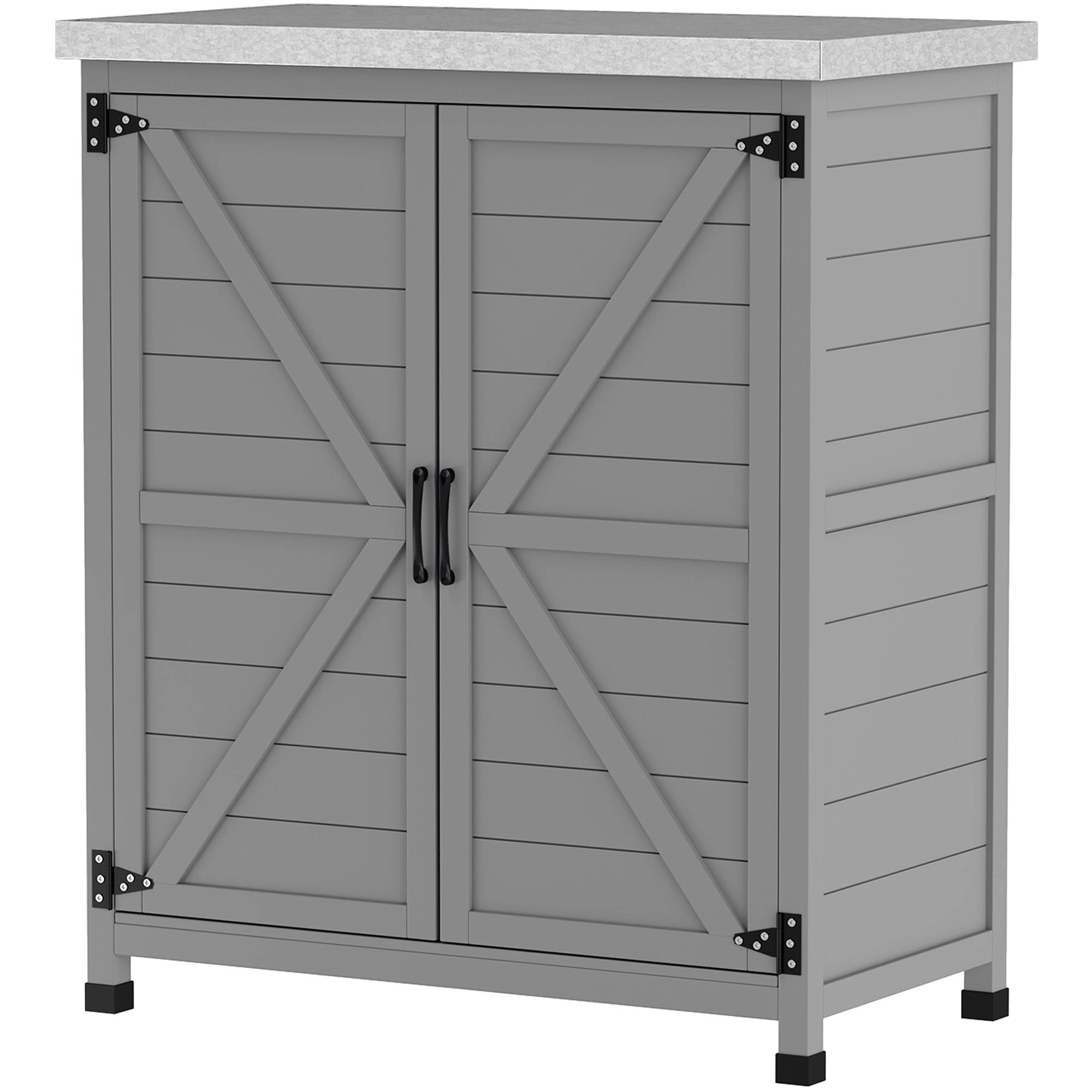 Armoire extérieure avec plan de travail, bois massif et acier, 79l x 43p x 92h cm, gris - Image 2