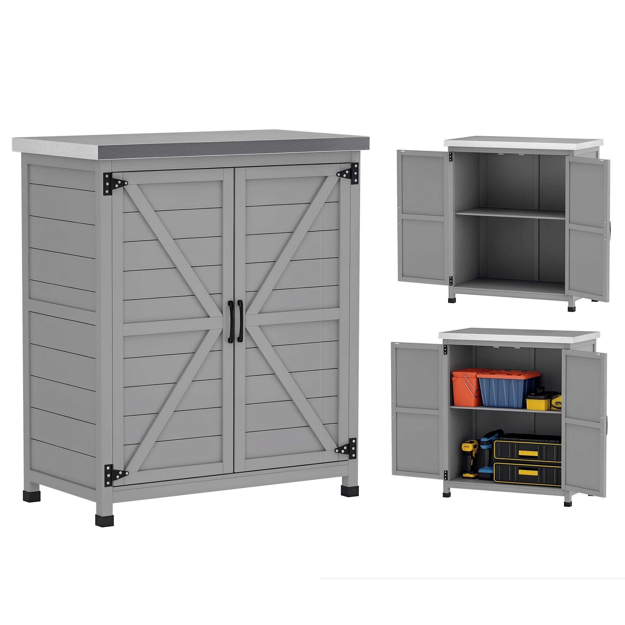 Armoire extérieure avec plan de travail, bois massif et acier, 79l x 43p x 92h cm, gris - Image 1