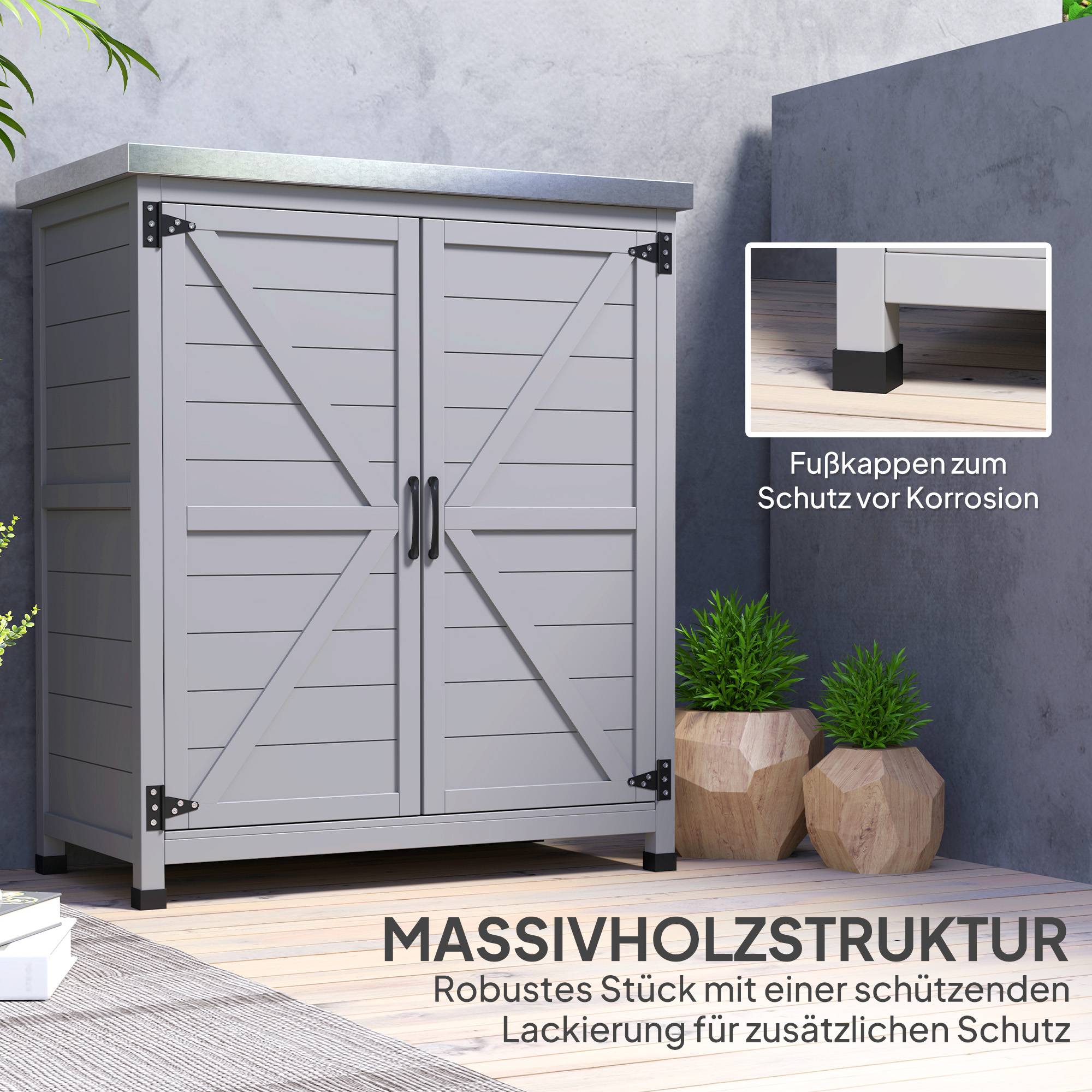 Armoire extérieure avec plan de travail, bois massif et acier, 79l x 43p x 92h cm, gris - Image 9