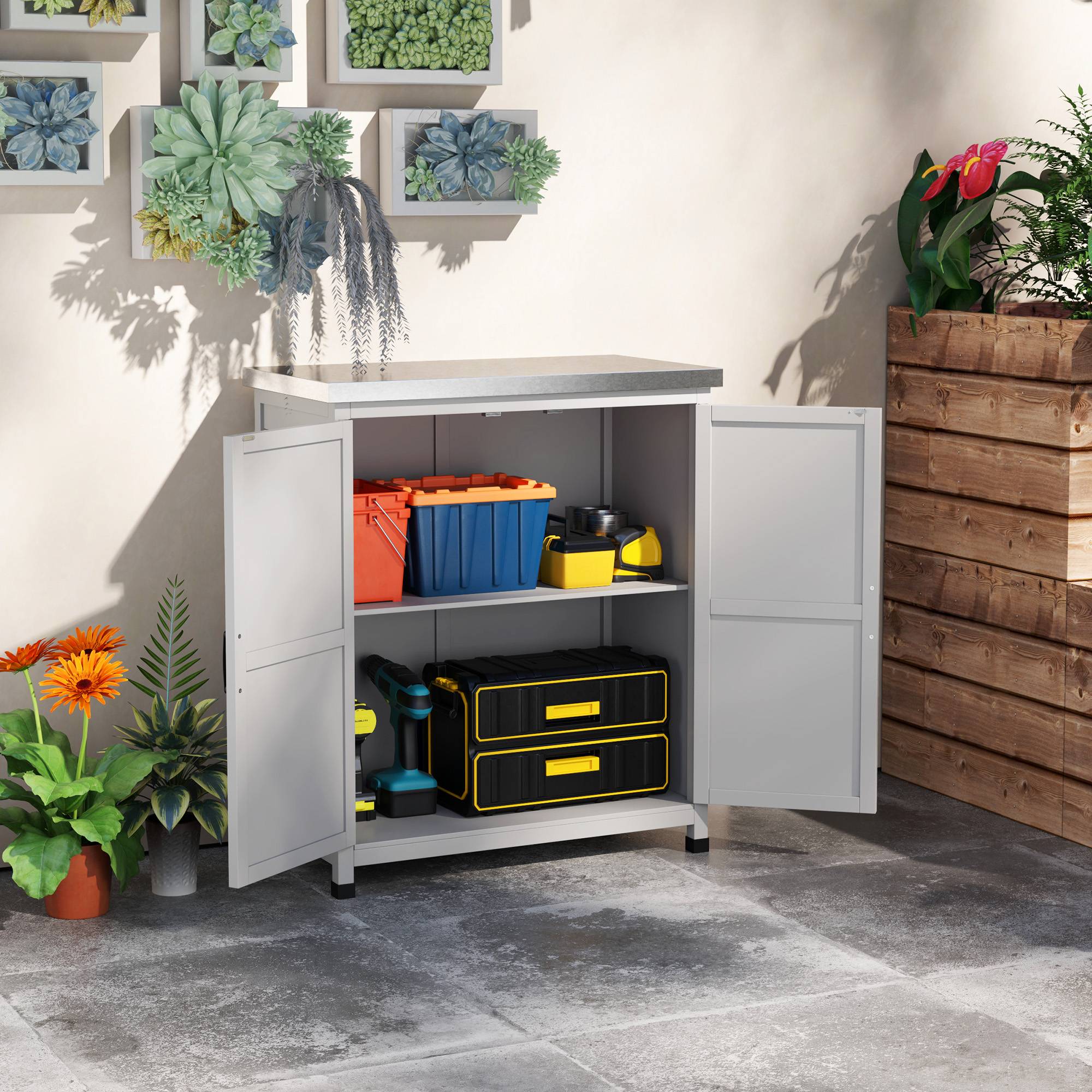 Armoire extérieure avec plan de travail, bois massif et acier, 79l x 43p x 92h cm, gris - Image 3