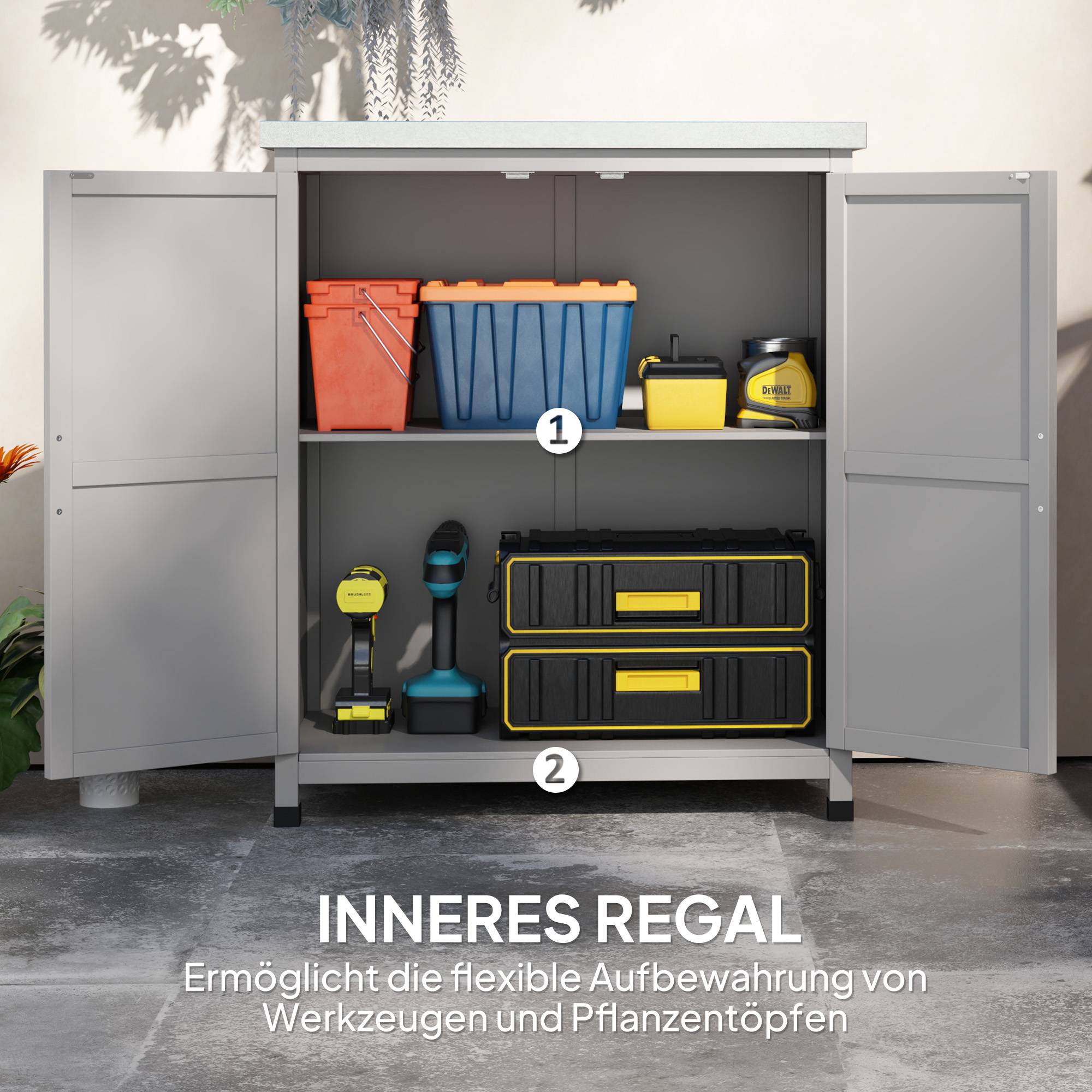 Armoire extérieure avec plan de travail, bois massif et acier, 79l x 43p x 92h cm, gris - Image 8