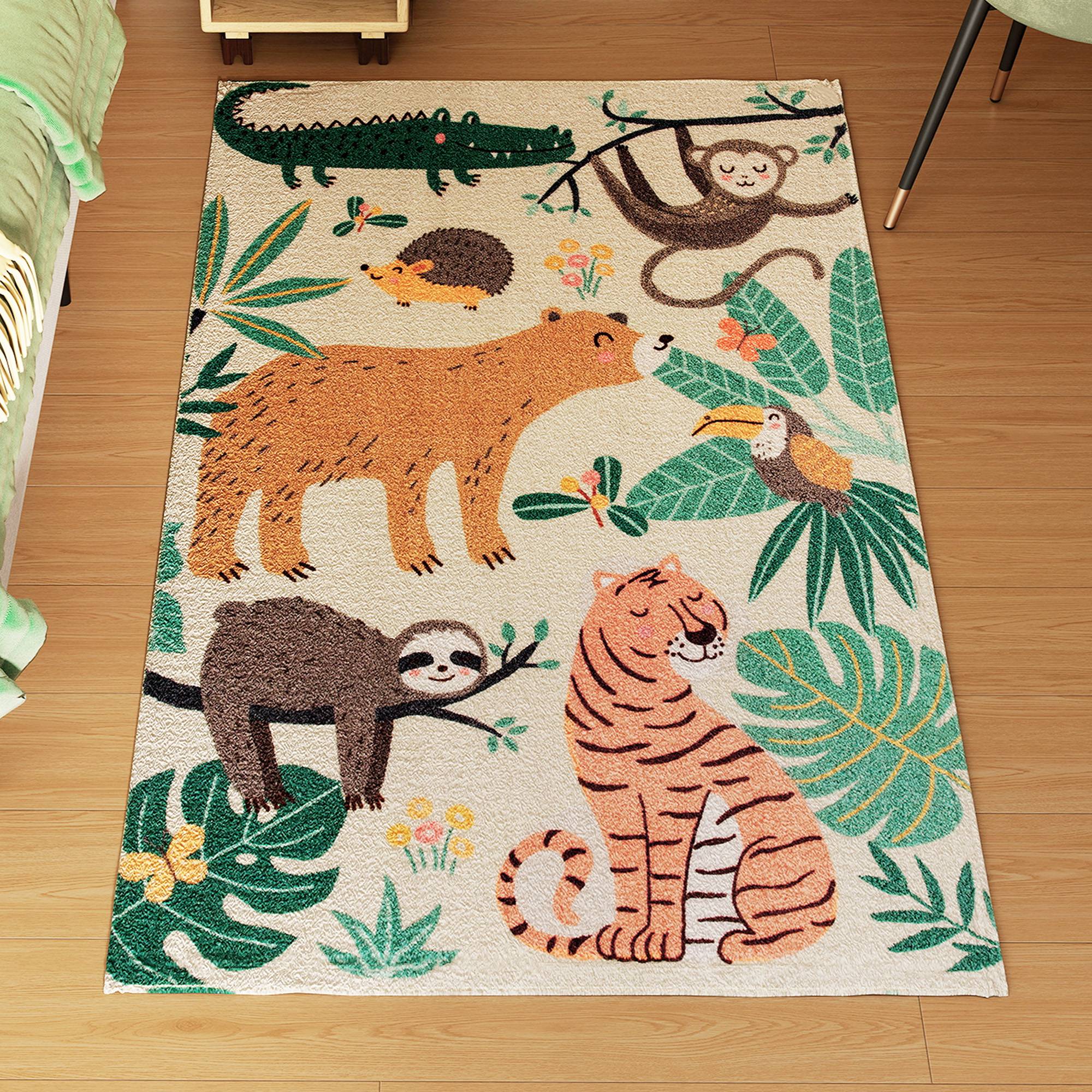 Sans Marque - Tapis polaire motif jungle facile entretien blanc crème multicolore - Image 1
