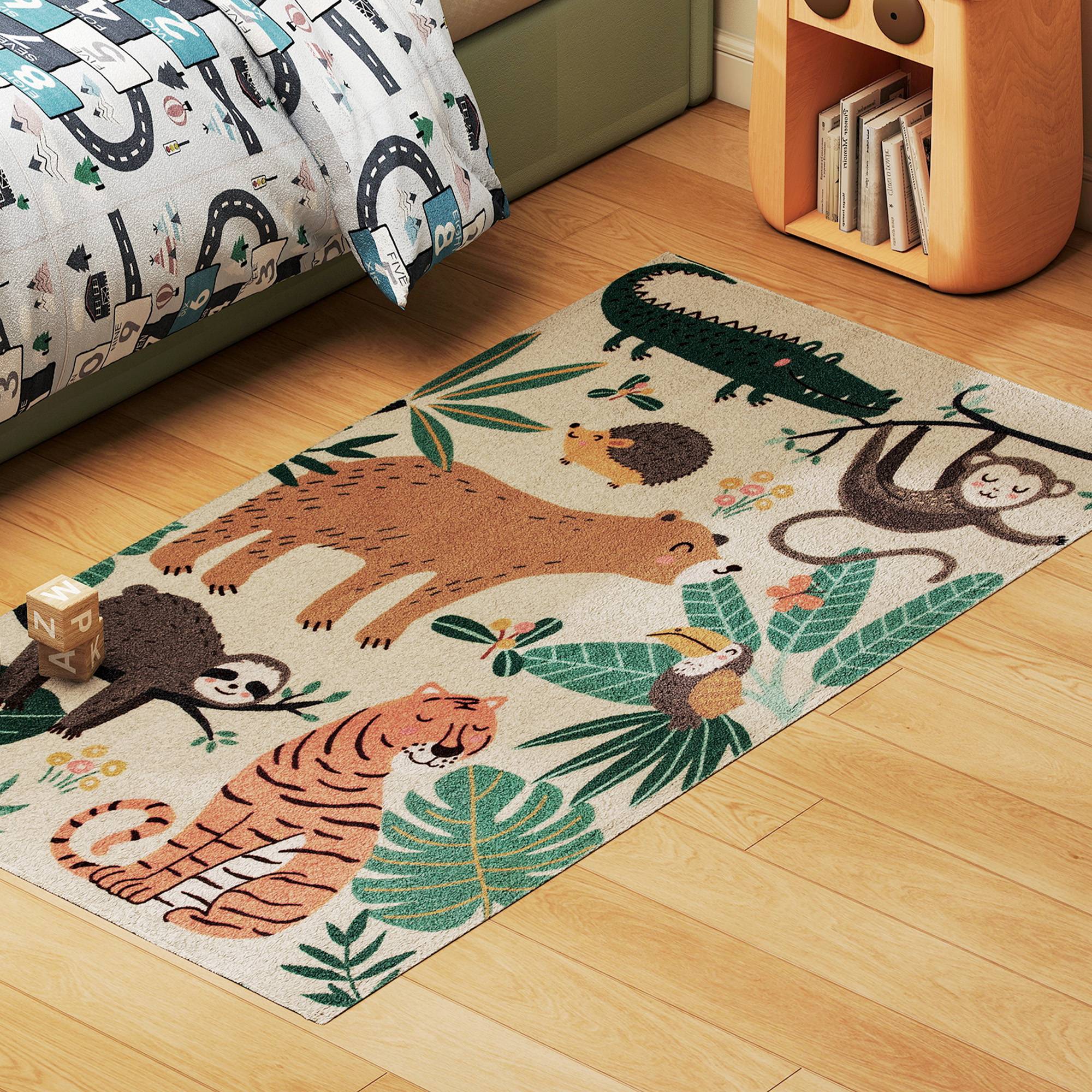 Sans Marque - Tapis polaire motif jungle facile entretien blanc crème multicolore - Image 4