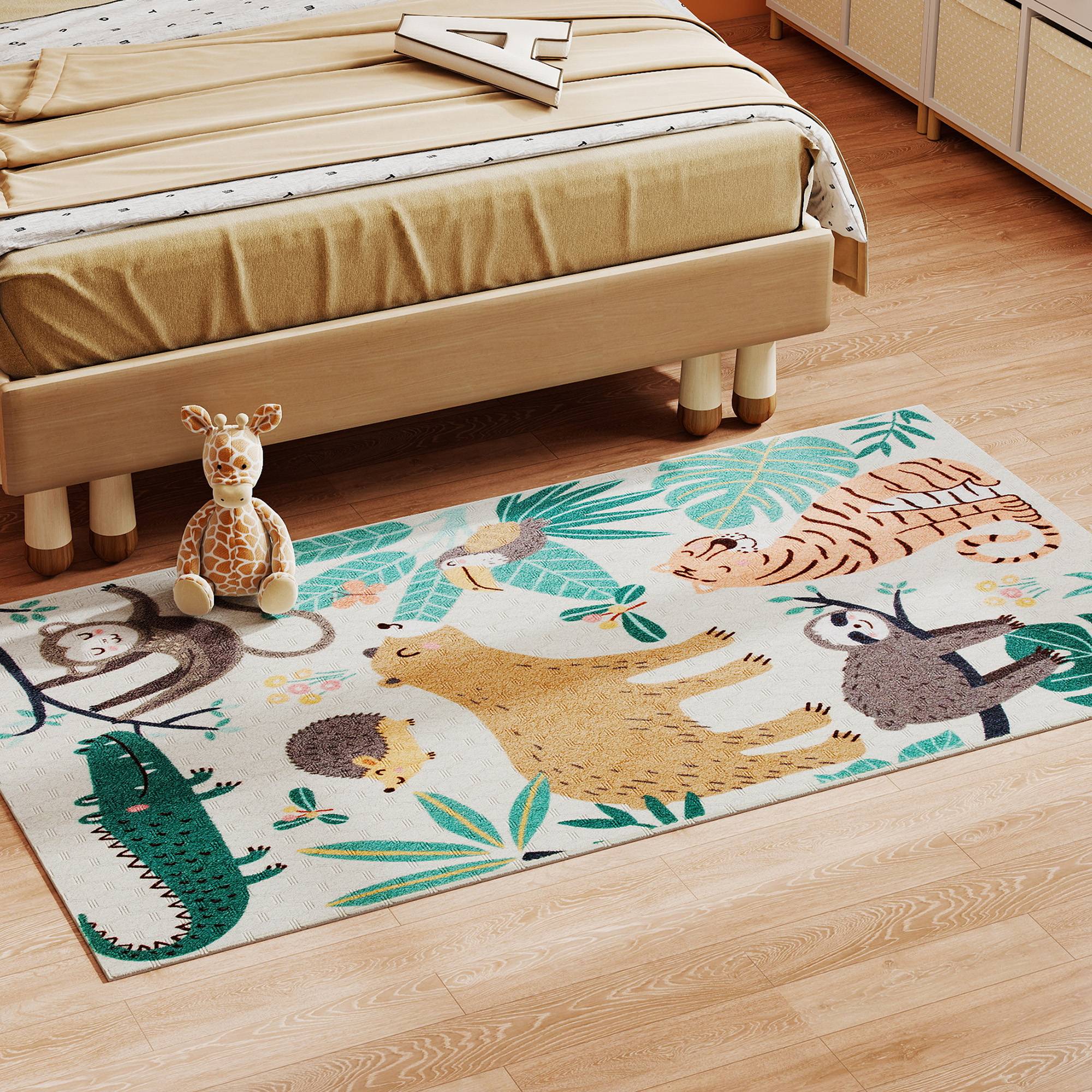 Sans Marque - Tapis polaire motif jungle facile entretien blanc crème multicolore - Image 3