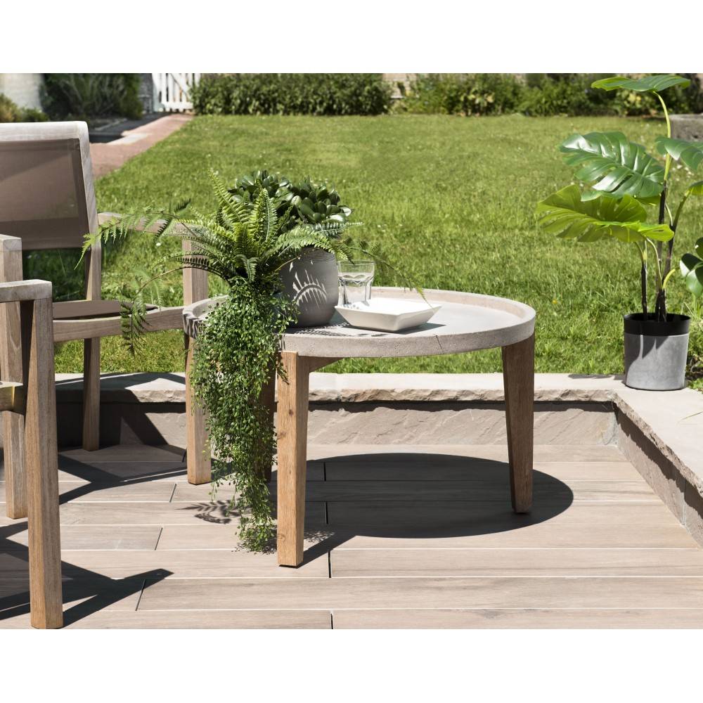 Macabane - HECTOR - Table basse de jardin ronde béton 81x81 cm pieds bois acacia - Imagen 2
