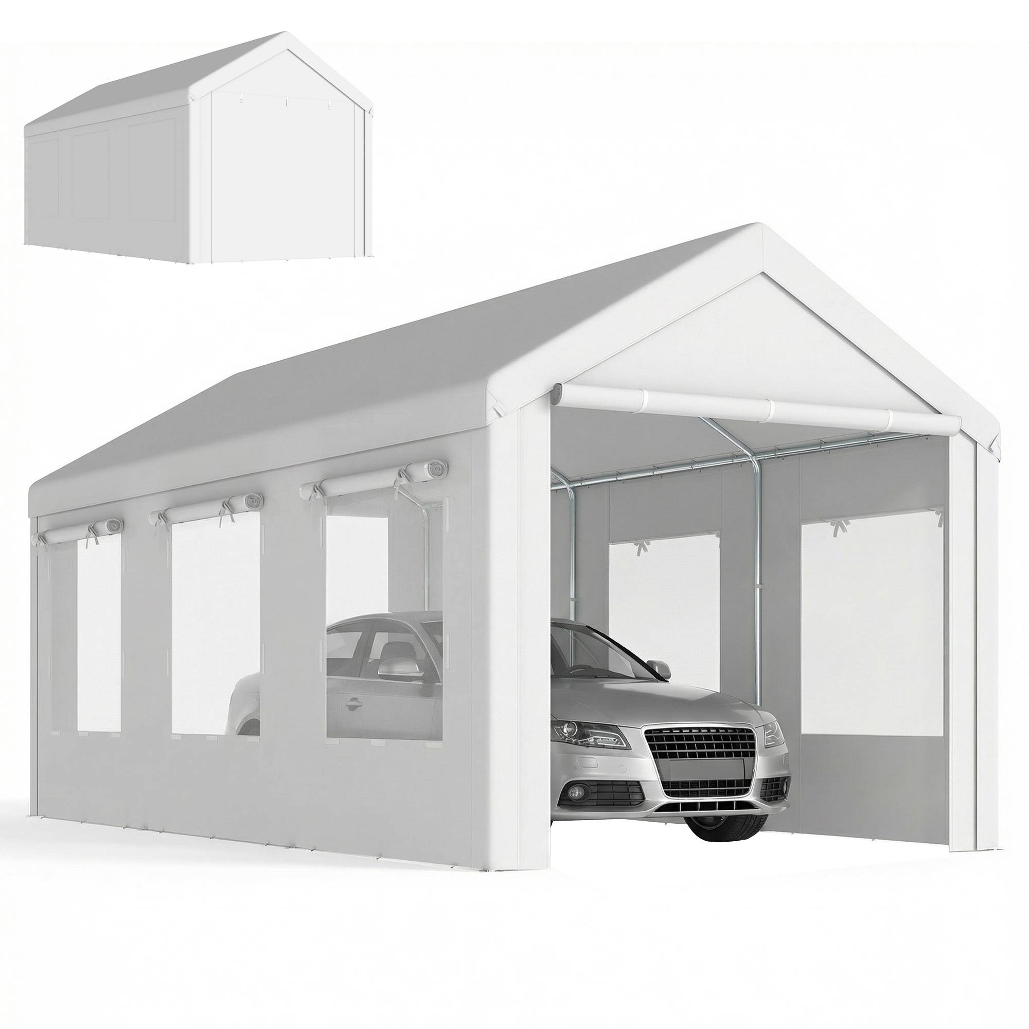 Abri de voiture Acier et PE 3x6m Blanc Hauteur réglable Portes enroulables anti-UV - ComfortXL Outdoor Living - Image 1