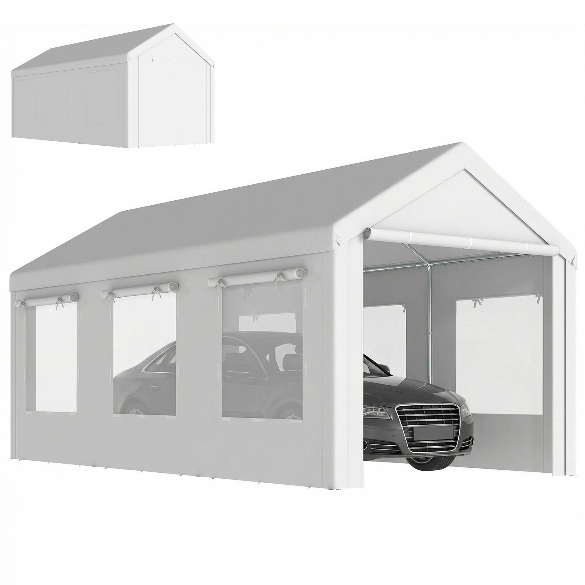 Abri de voiture Acier et PE 3x6m Blanc Hauteur réglable Portes enroulables anti-UV - ComfortXL Outdoor Living - Image 2
