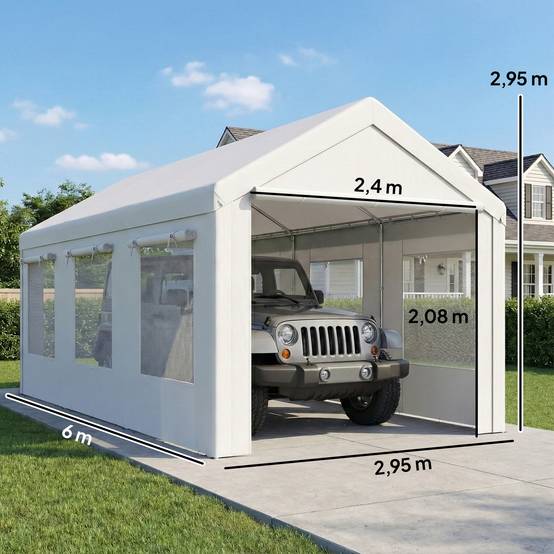 Abri de voiture Acier et PE 3x6m Blanc Hauteur réglable Portes enroulables anti-UV - ComfortXL Outdoor Living - Image 5