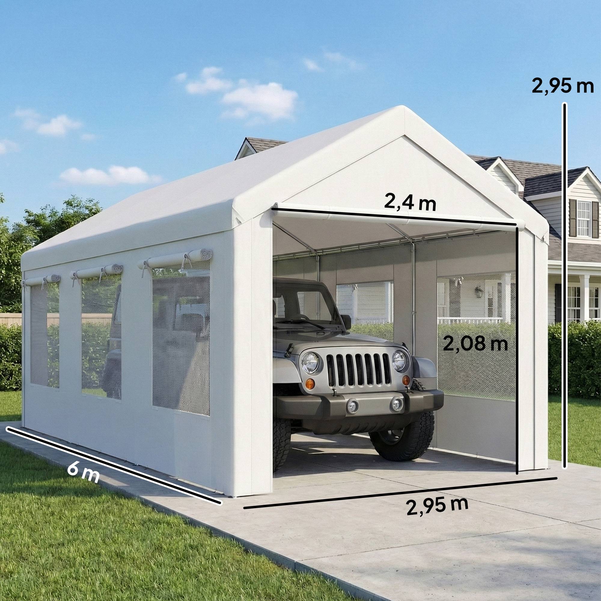 Abri de voiture Acier et PE 3x6m Blanc Hauteur réglable Portes enroulables anti-UV - ComfortXL Outdoor Living - Image 5