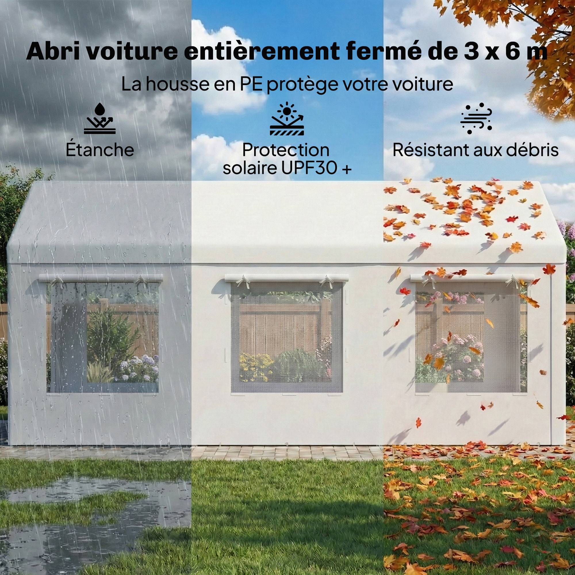 Abri de voiture Acier et PE 3x6m Blanc Hauteur réglable Portes enroulables anti-UV - ComfortXL Outdoor Living - Image 7