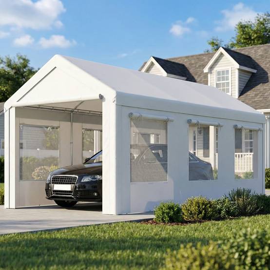 Abri de voiture Acier et PE 3x6m Blanc Hauteur réglable Portes enroulables anti-UV - ComfortXL Outdoor Living - Image 4