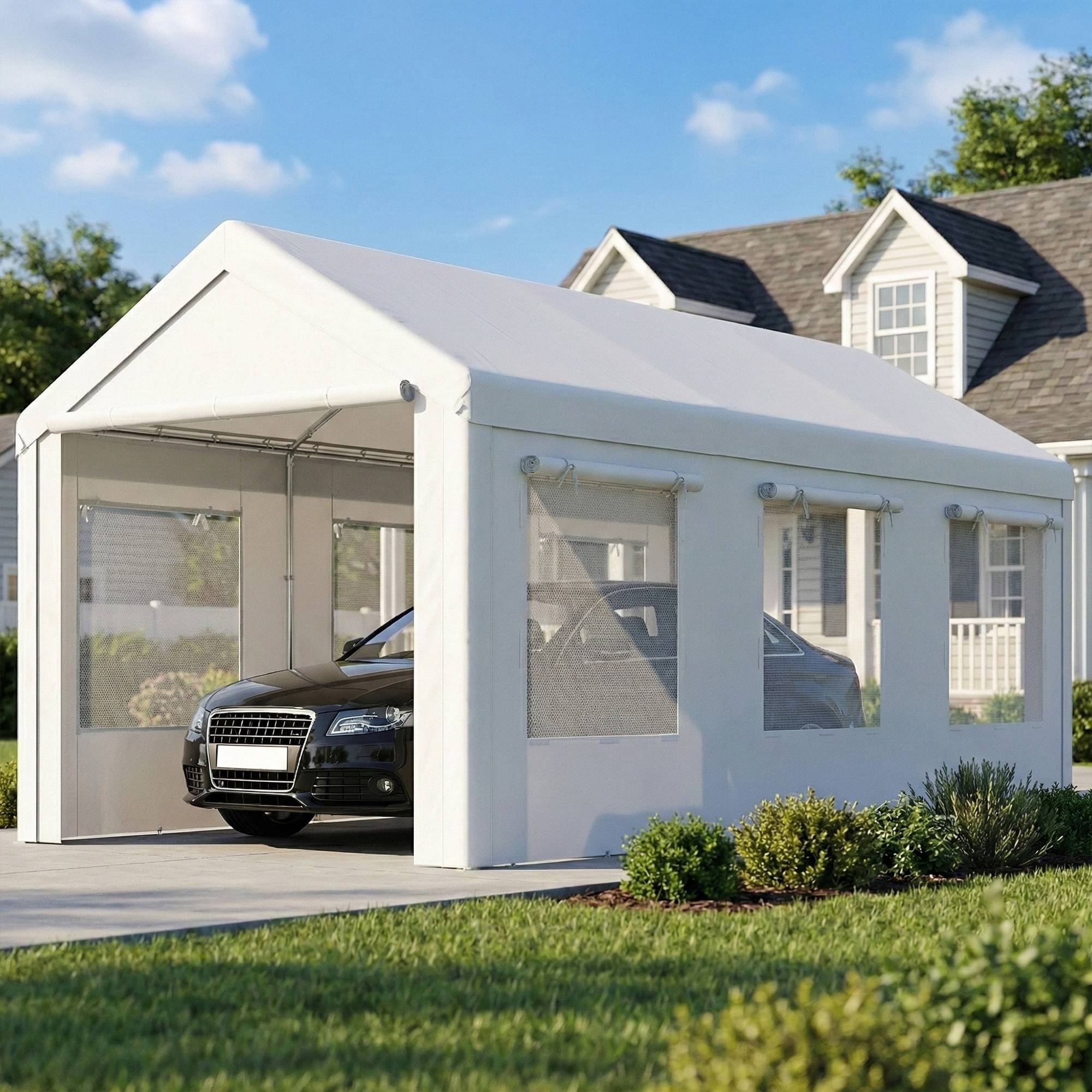 Abri de voiture Acier et PE 3x6m Blanc Hauteur réglable Portes enroulables anti-UV - ComfortXL Outdoor Living - Image 4