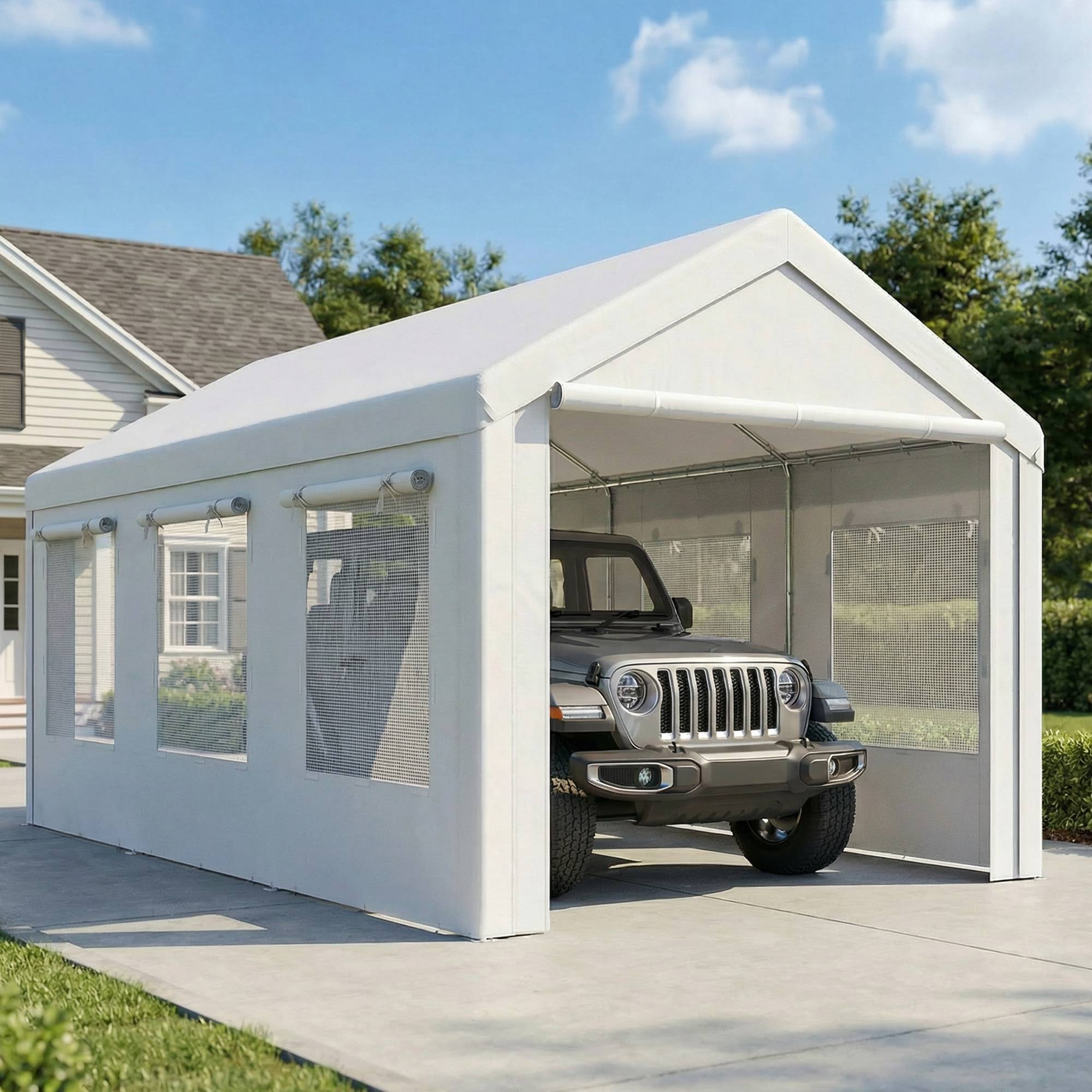 Abri de voiture Acier et PE 3x6m Blanc Hauteur réglable Portes enroulables anti-UV - ComfortXL Outdoor Living - Image 3