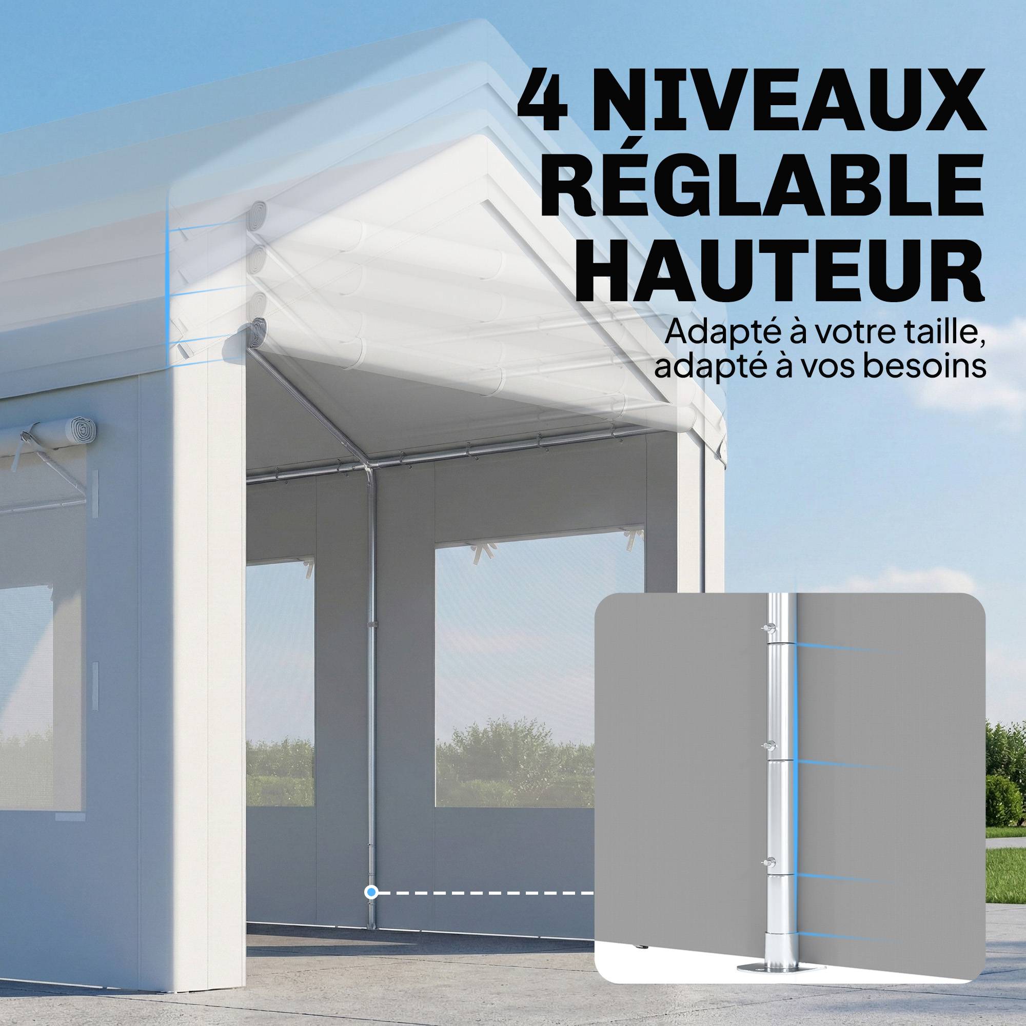 Abri de voiture Acier et PE 3x6m Blanc Hauteur réglable Portes enroulables anti-UV - ComfortXL Outdoor Living - Image 6
