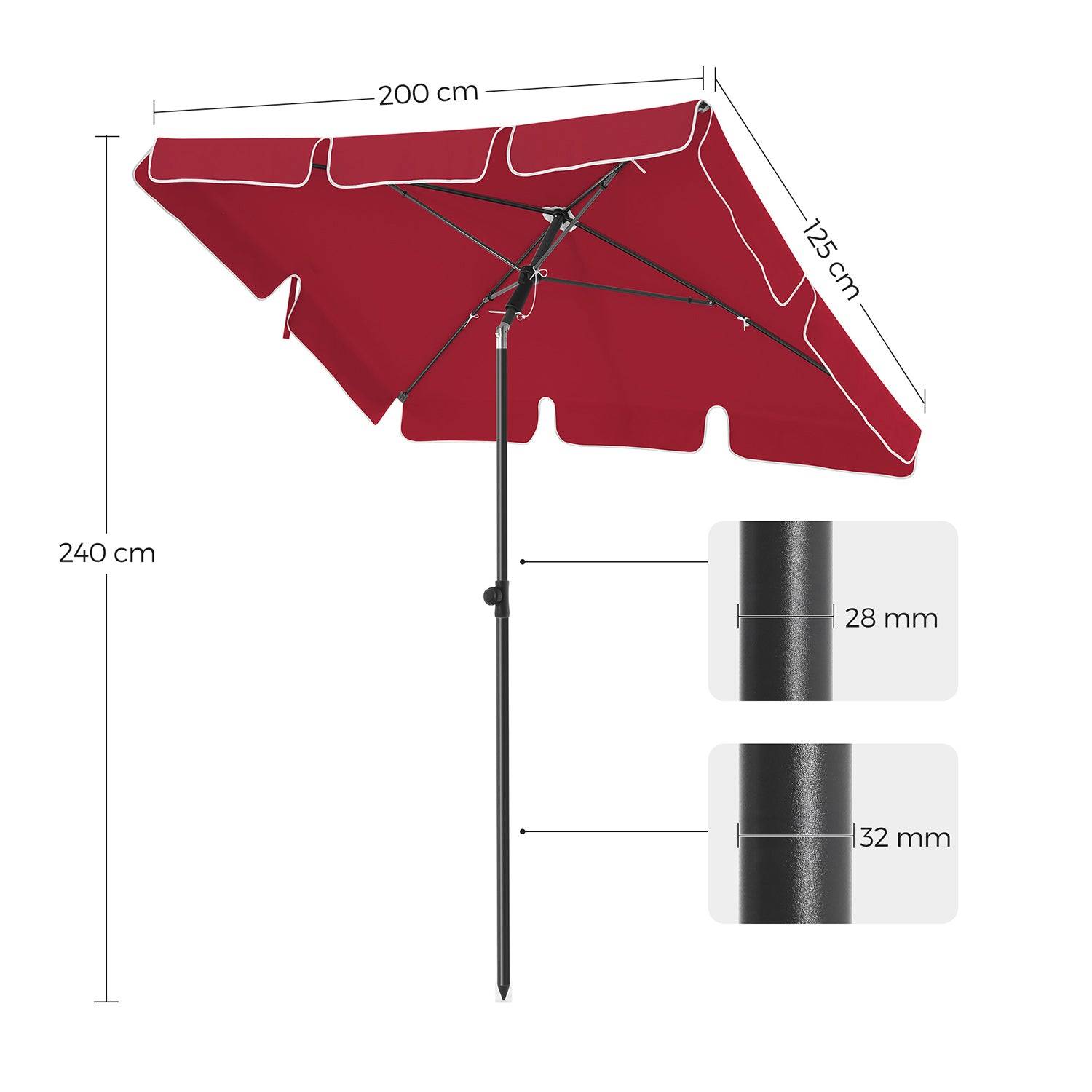 Helloshop26 - Parasol de balcon rectangulaire 2 x 1,25 m protection UPF 50+ ombrelle toile avec revêtement sac de transport terrasse jardin sans socle rouge - Imagen 4