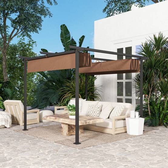 Outsunny - Pergola 3x3m coulissante rétractable tonnelle abri soleil UPF30+ polyester 180g/m² pour terrasse patio marron - OUTSUNNY - Image 2