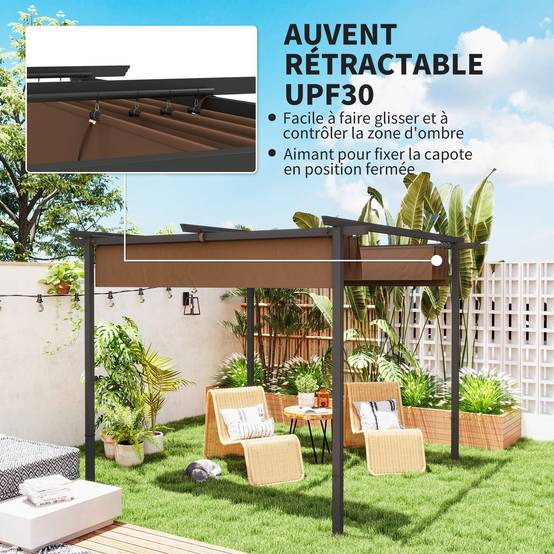 Outsunny - Pergola 3x3m coulissante rétractable tonnelle abri soleil UPF30+ polyester 180g/m² pour terrasse patio marron - OUTSUNNY - Image 5