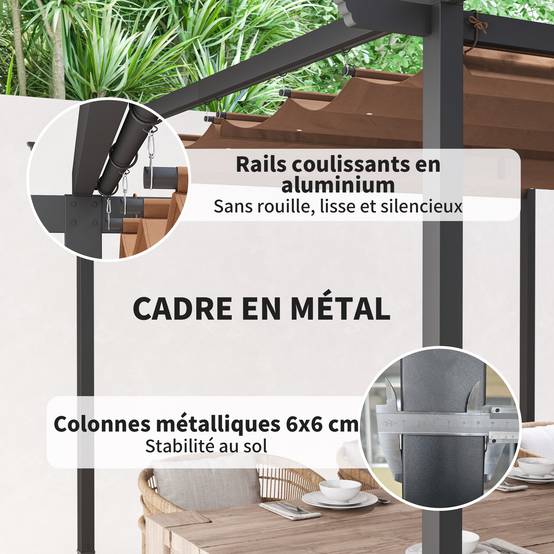 Outsunny - Pergola 3x3m coulissante rétractable tonnelle abri soleil UPF30+ polyester 180g/m² pour terrasse patio marron - OUTSUNNY - Image 6