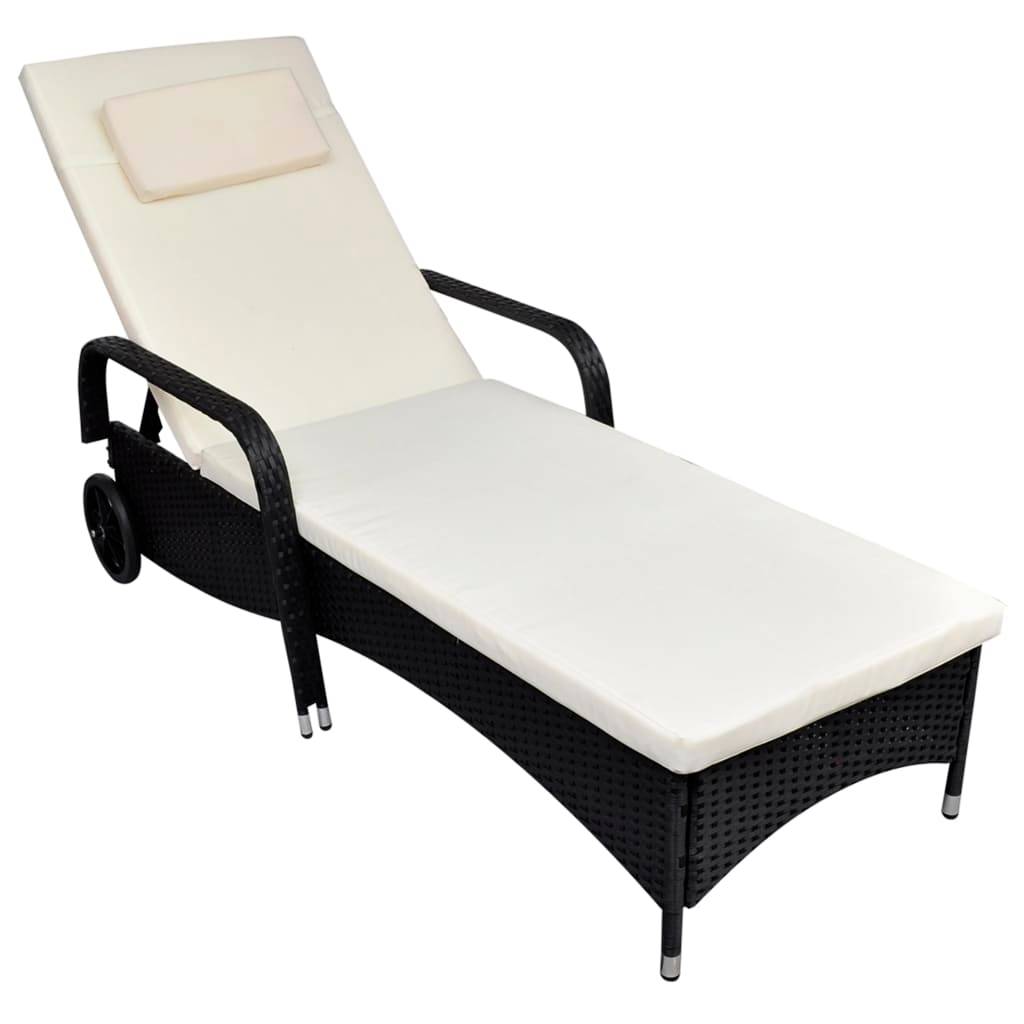 Helloshop26 - Transat chaise longue bain de soleil lit de jardin terrasse meuble d'extérieur avec coussin et roues résine tressée noir - Imagen 1