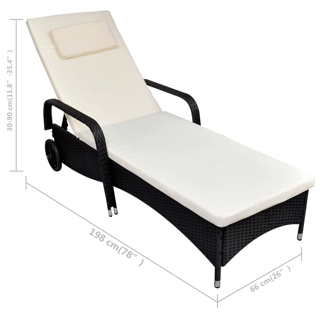 Helloshop26 - Transat chaise longue bain de soleil lit de jardin terrasse meuble d'extérieur avec coussin et roues résine tressée noir - Imagen 3