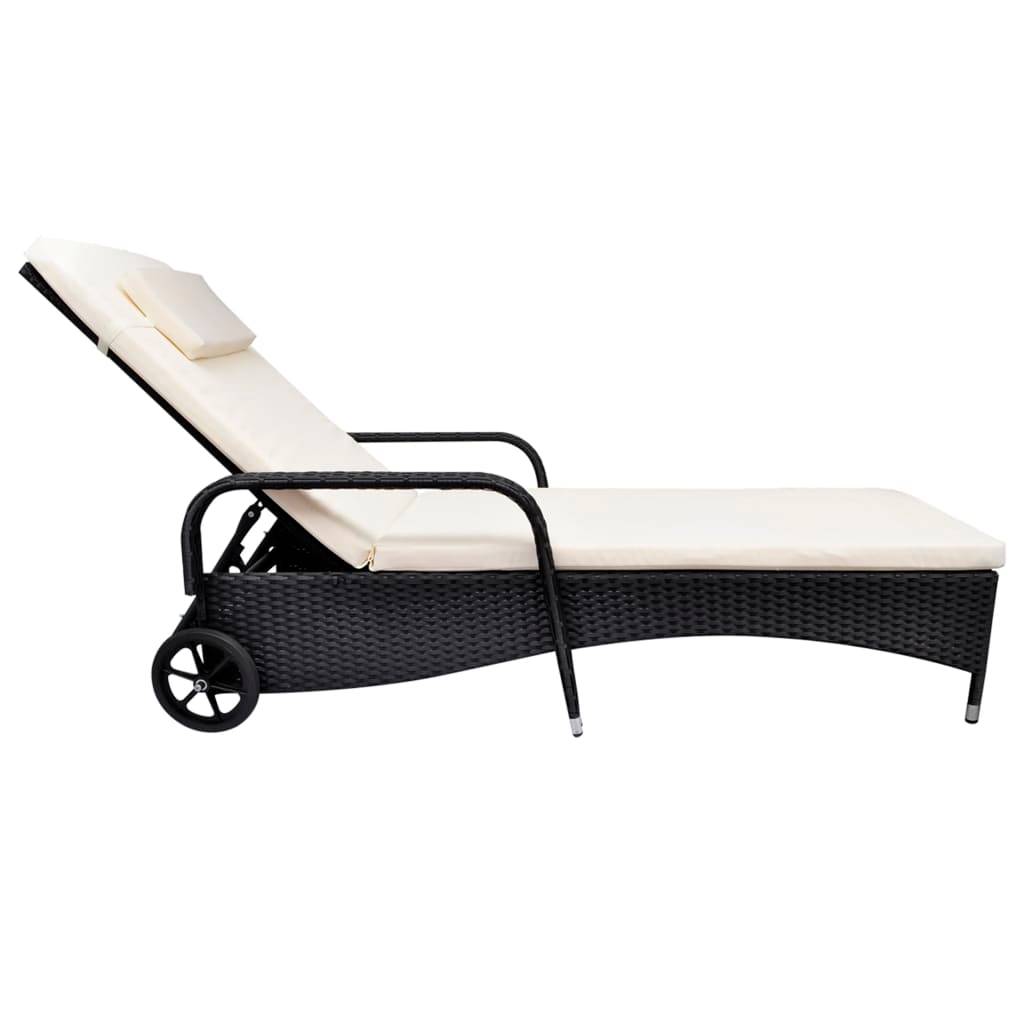 Helloshop26 - Transat chaise longue bain de soleil lit de jardin terrasse meuble d'extérieur avec coussin et roues résine tressée noir - Imagen 2