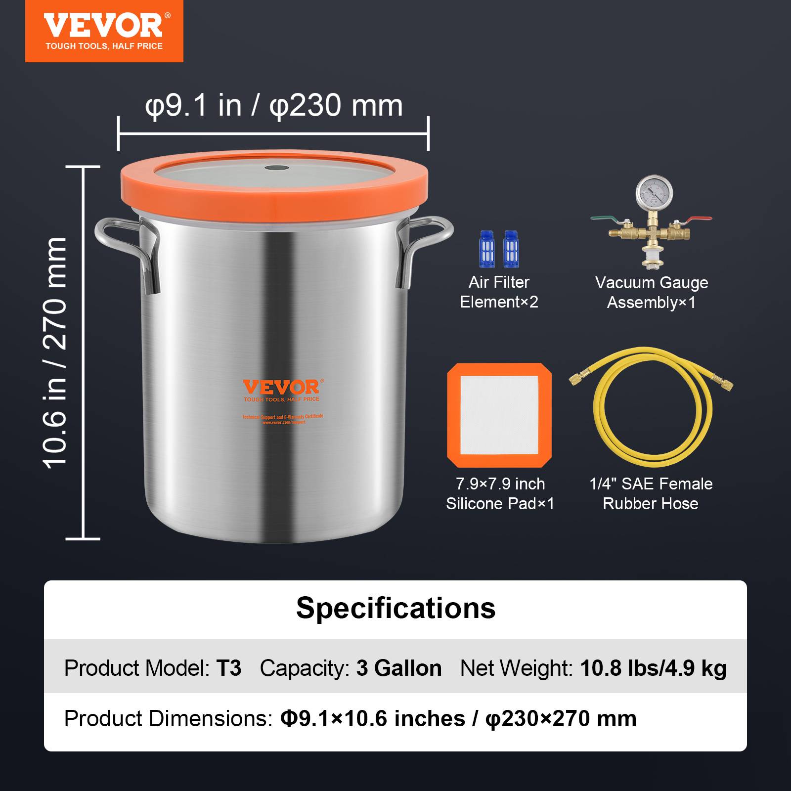 VEVOR Chambre à vide 3 gal 11,4L, récipient inox 304 couvercle verre trempé, bois/résine. - Image 7