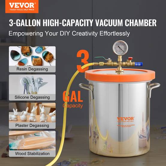 VEVOR Chambre à vide 3 gal 11,4L, récipient inox 304 couvercle verre trempé, bois/résine. - Image 2