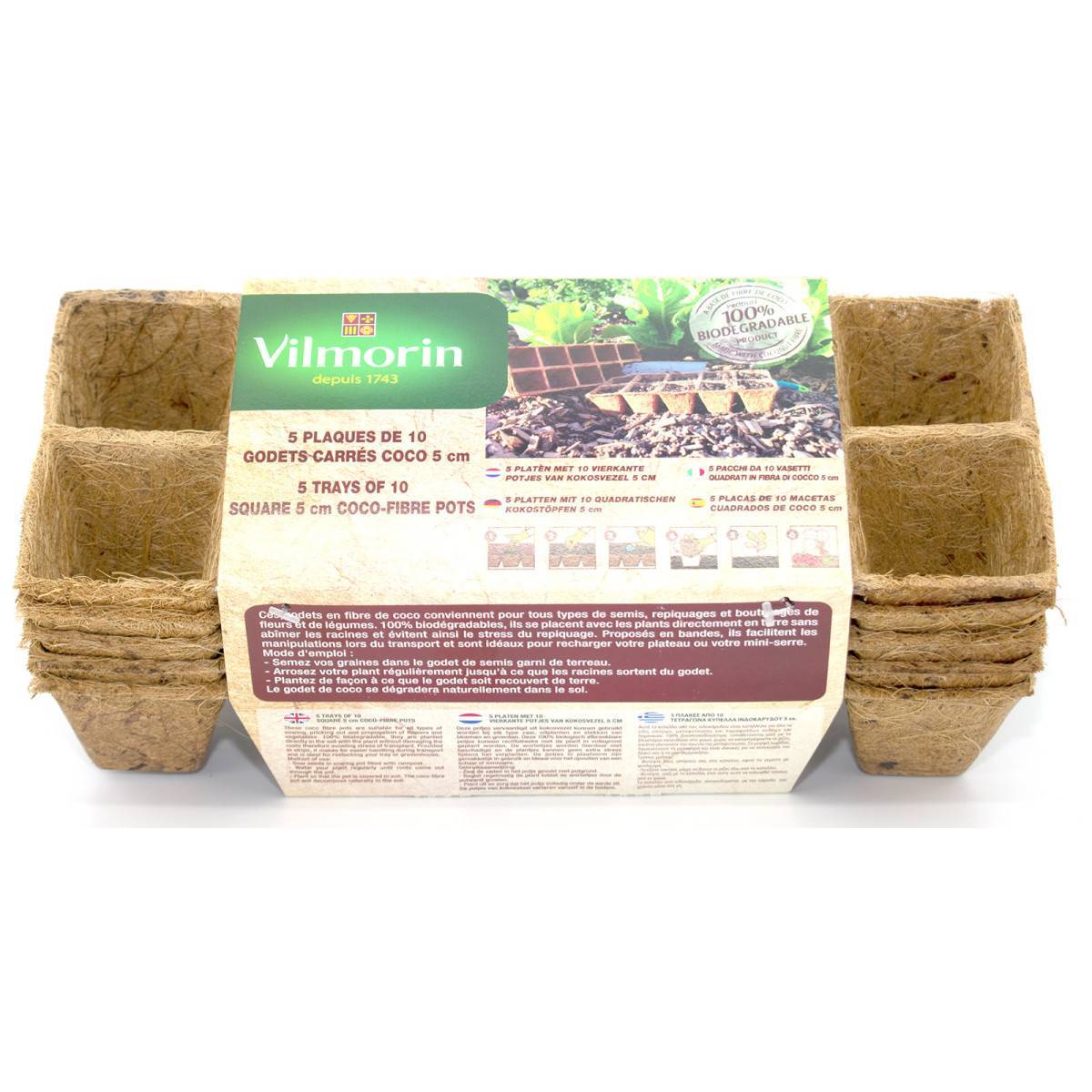 Vilmorin - Cinq plaques de 10 godets coco carrés de 5cm