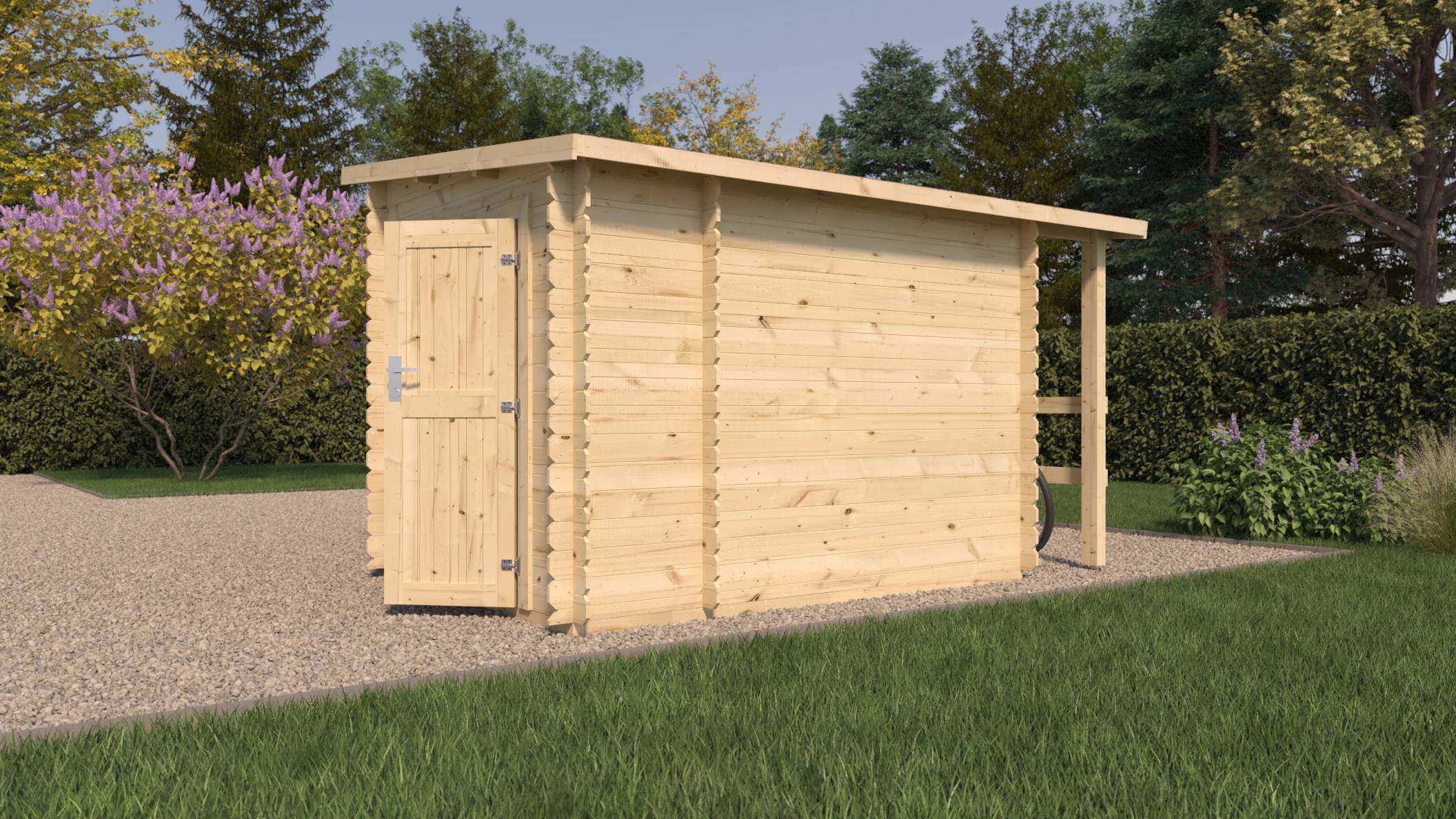 Eden Partenaire Jardin - Abri de jardin en bois deux espaces 3.77m²+1.13m² et auvent de 1.3m² - toit mono pente, madriers de 19mm - Image 3