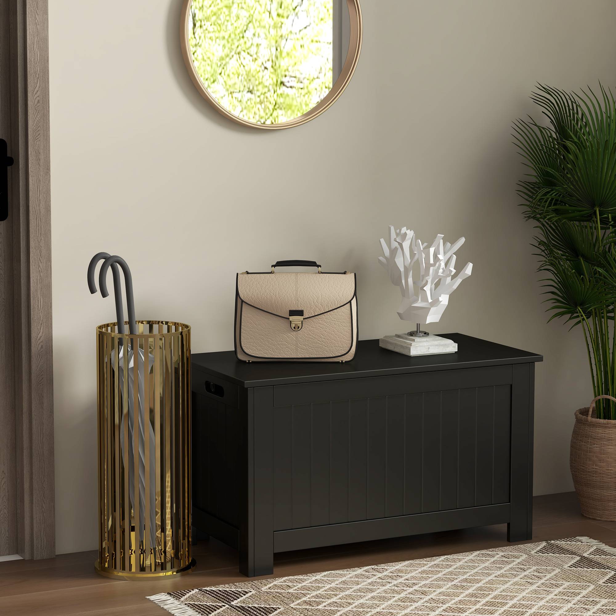 Coffre de rangement en bois avec couvercle et charnière de sécurité, banc coffre 81x40x46 cm noir pour entrée chambre salon gain de place moderne - Image 3