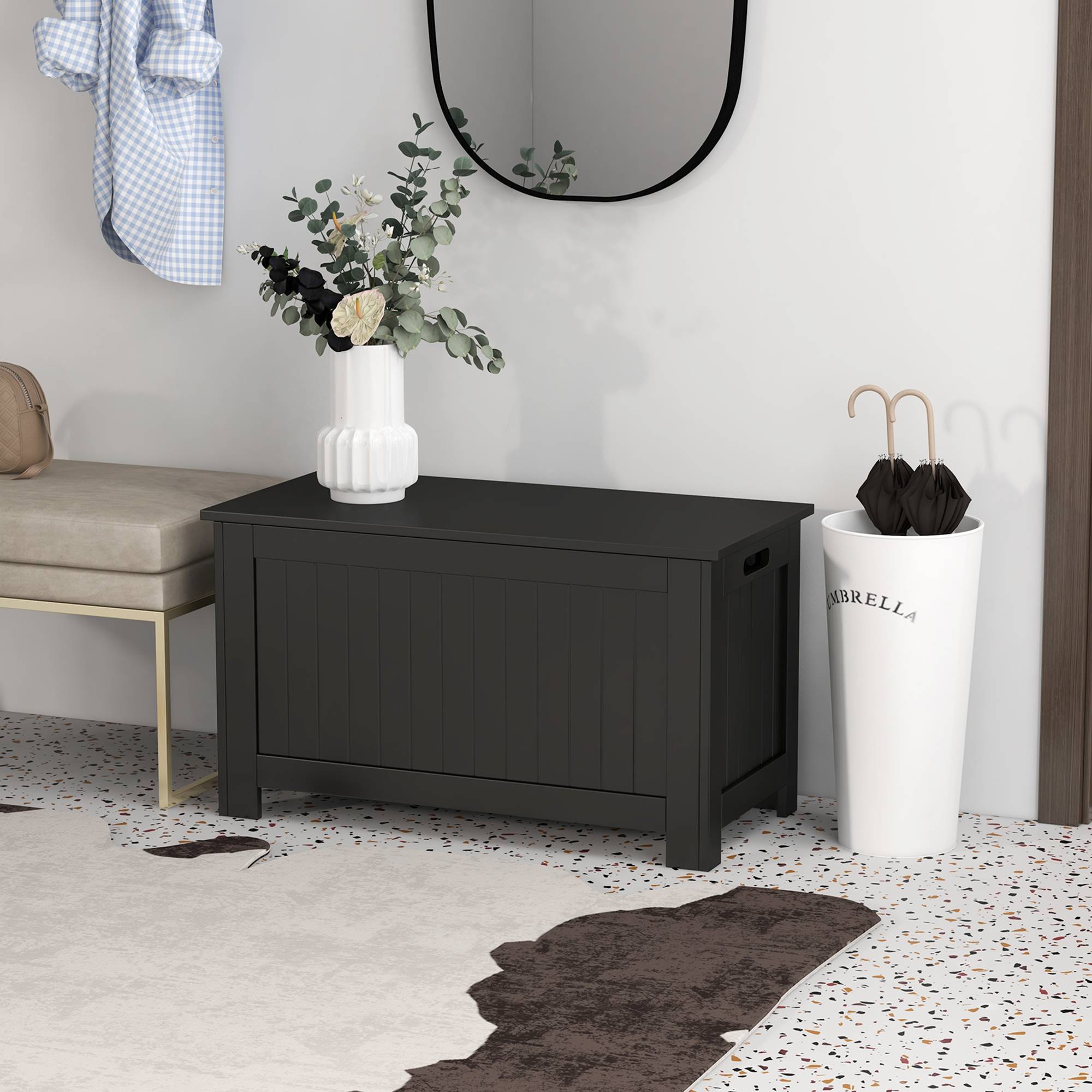 Coffre de rangement en bois avec couvercle et charnière de sécurité, banc coffre 81x40x46 cm noir pour entrée chambre salon gain de place moderne - Image 4