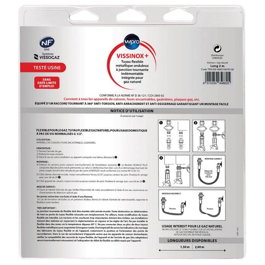 Tuyau flexible de gaz naturel inox/pvc 2m TNV200 Wpro - Image 2