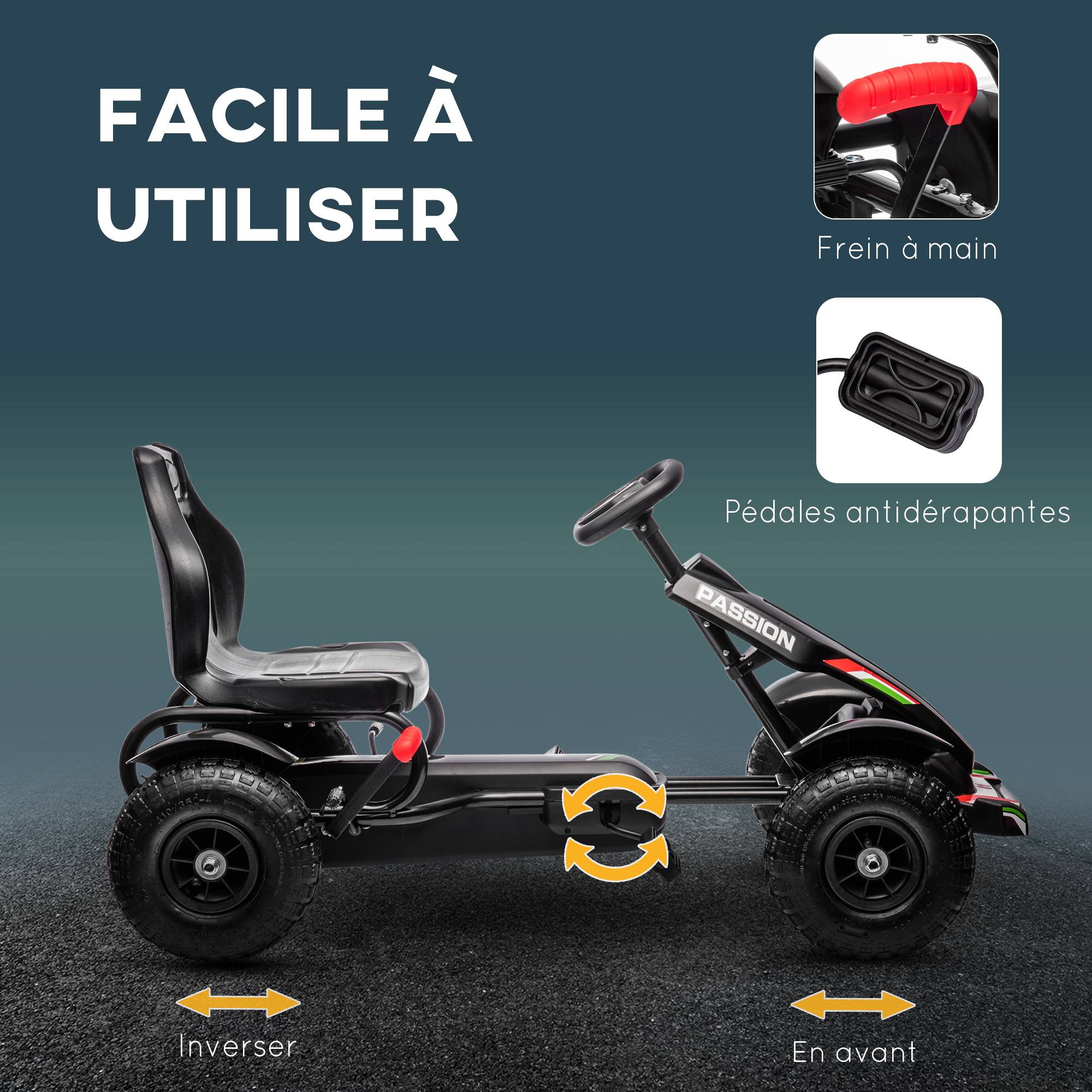 Kart à pédales pour enfant siège réglable 3 positions frein à main enfant de 5 à 12 ans noir - Image 7