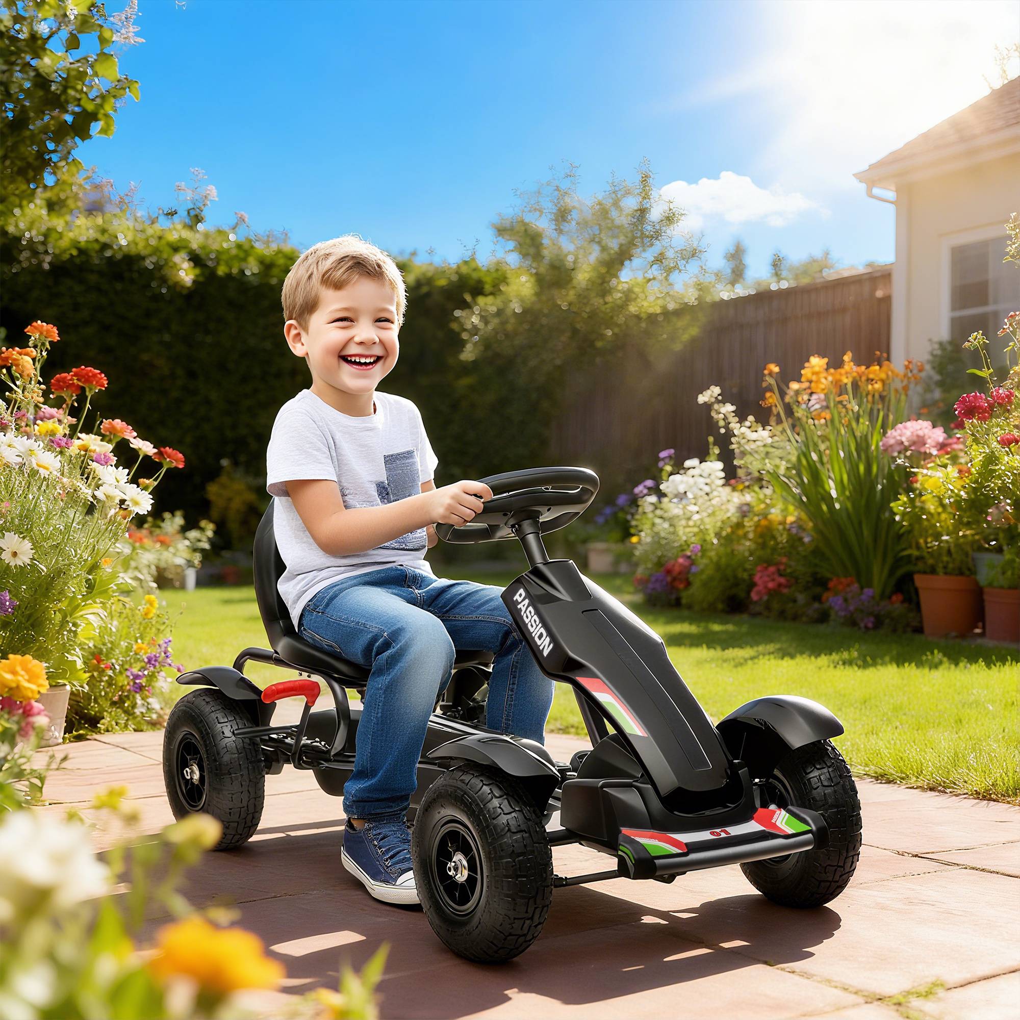 Kart à pédales pour enfant siège réglable 3 positions frein à main enfant de 5 à 12 ans noir - Image 3