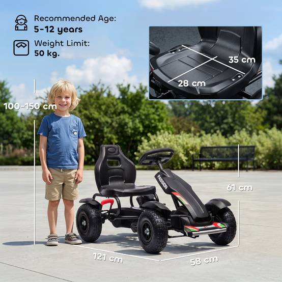 Kart à pédales pour enfant siège réglable 3 positions frein à main enfant de 5 à 12 ans noir - Image 5