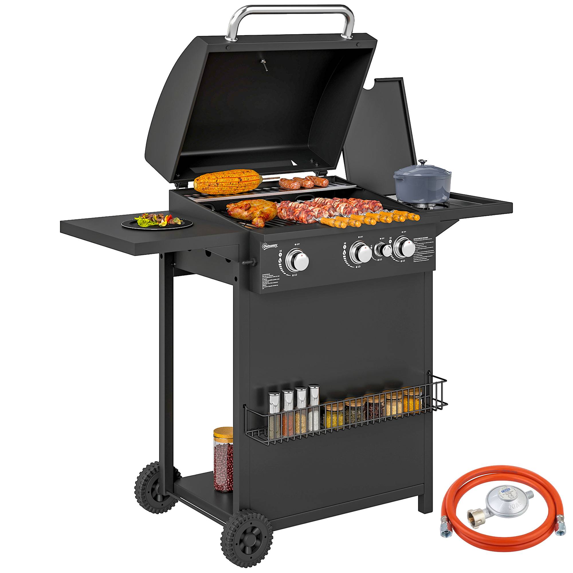 Sans Marque - Barbecue à gaz brûleurs indépendants couvercle thermomètre tablette latérale noir