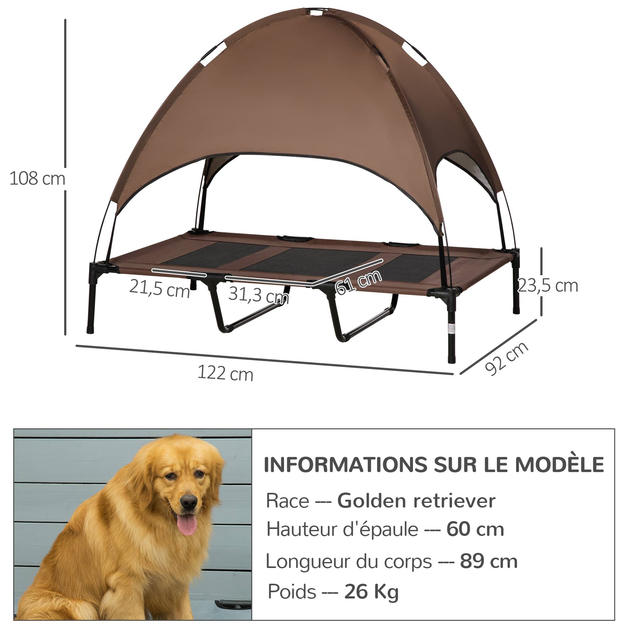 Lit surélevé pour chien métal extérieur avec parasol respirant marron - ComfortXL Outdoor Living - Image 5