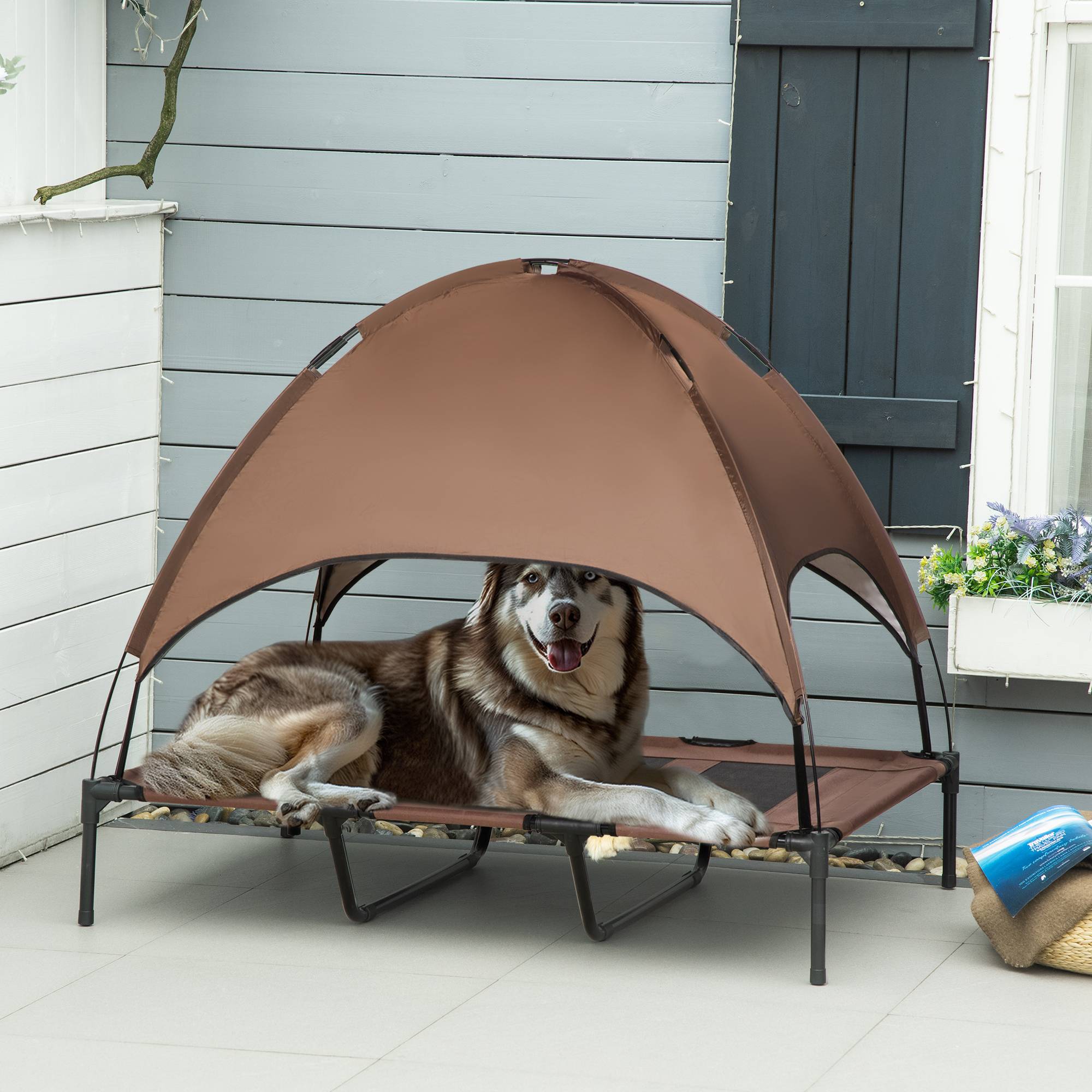 Lit surélevé pour chien métal extérieur avec parasol respirant marron - ComfortXL Outdoor Living - Image 3