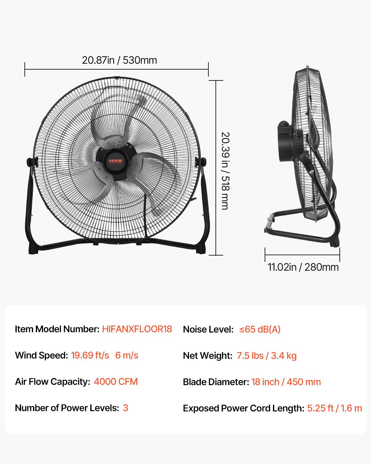 VEVOR Ventilateur sol, 3 vitesses, métal 450 mm, inclinaison 360°, 6 m/s. - Image 7